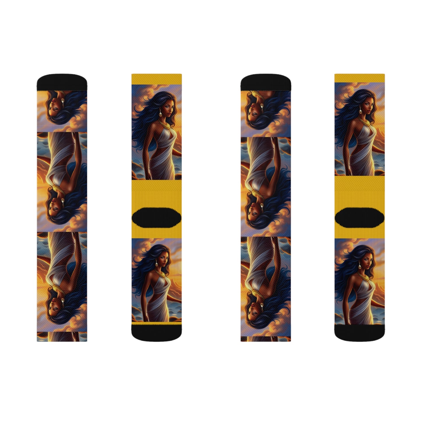 Sublimation Socks - R&RH Goddess Mustard Yellow Print, Comfortable and Stylish - Rich and Rich Homeopportunities 