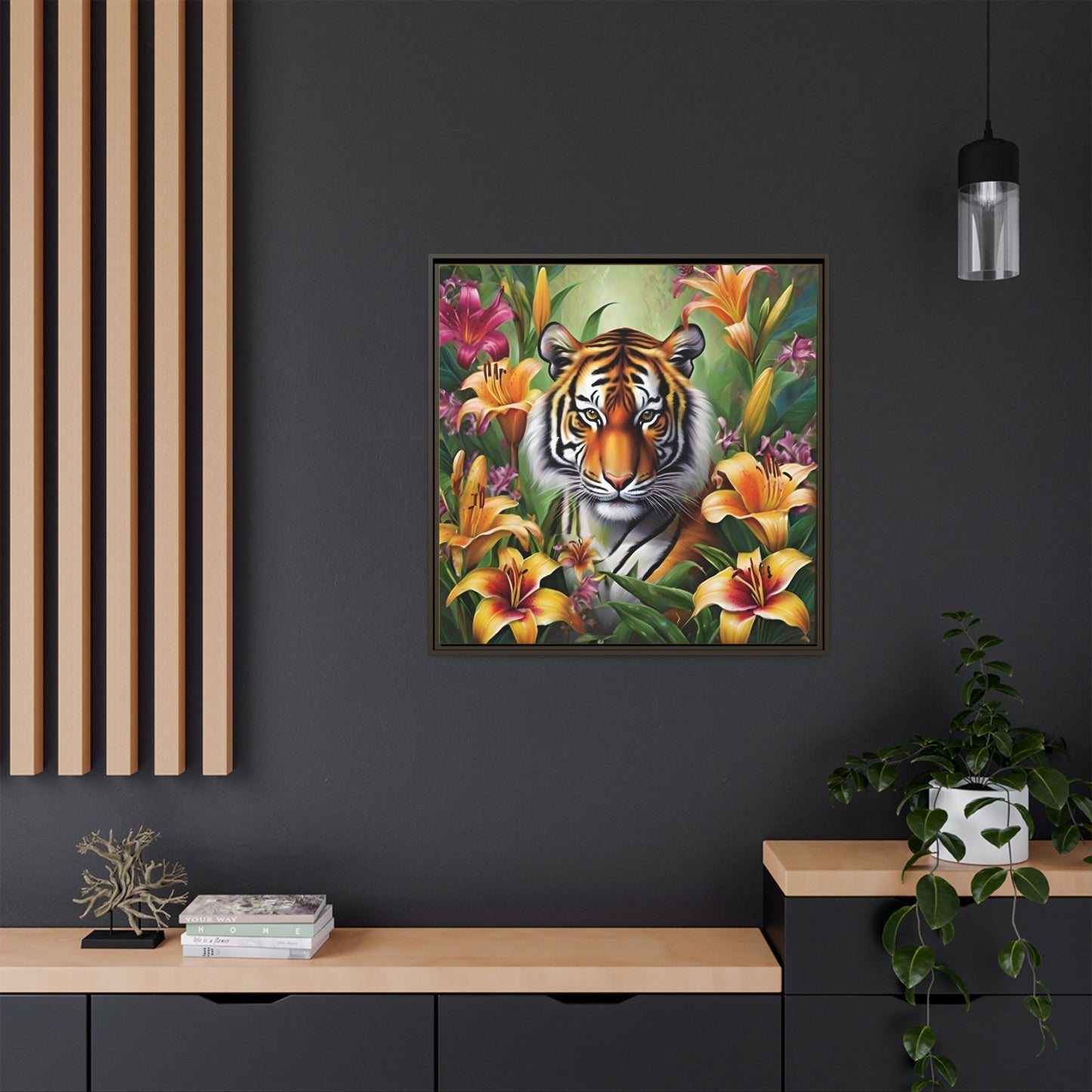 Majestic Tiger Framed Matte Canvas Art - Vibrant Floral Decor