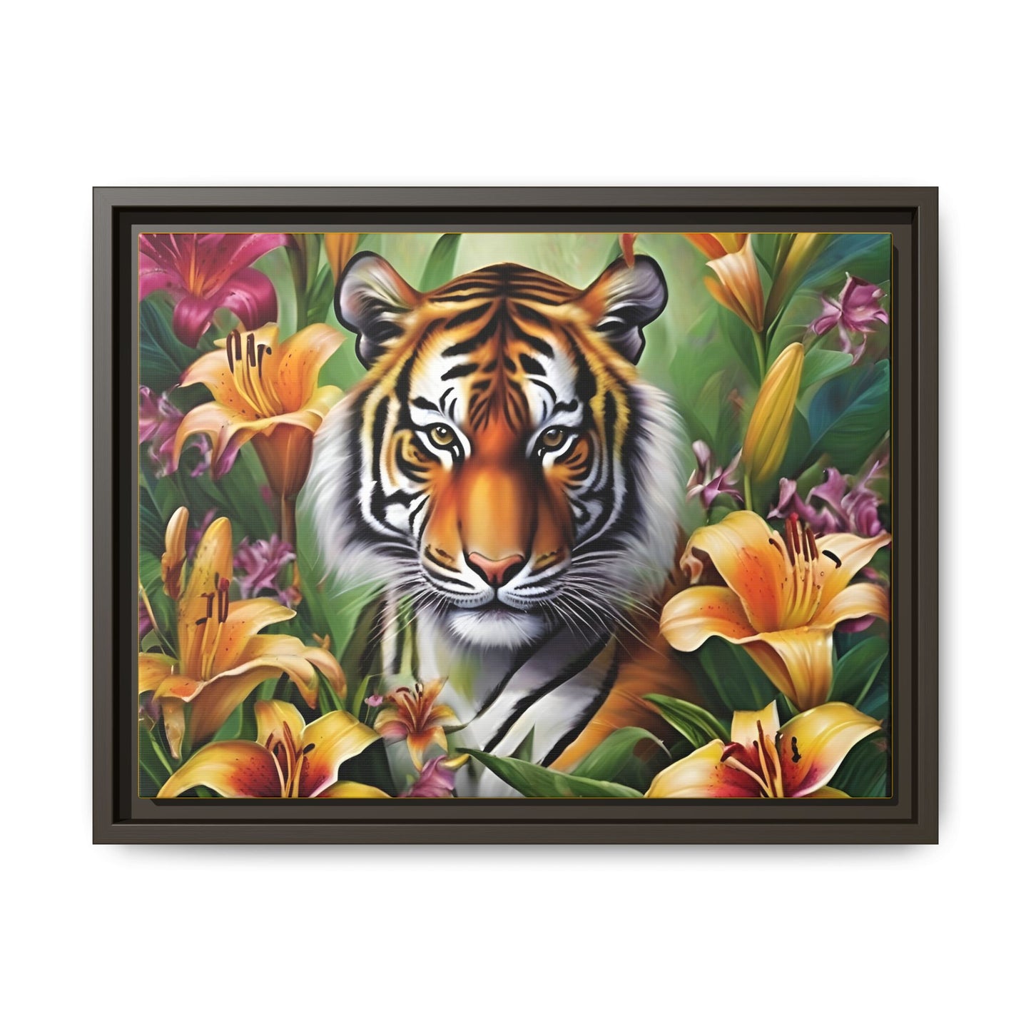 Majestic Tiger Framed Matte Canvas Art - Vibrant Floral Decor