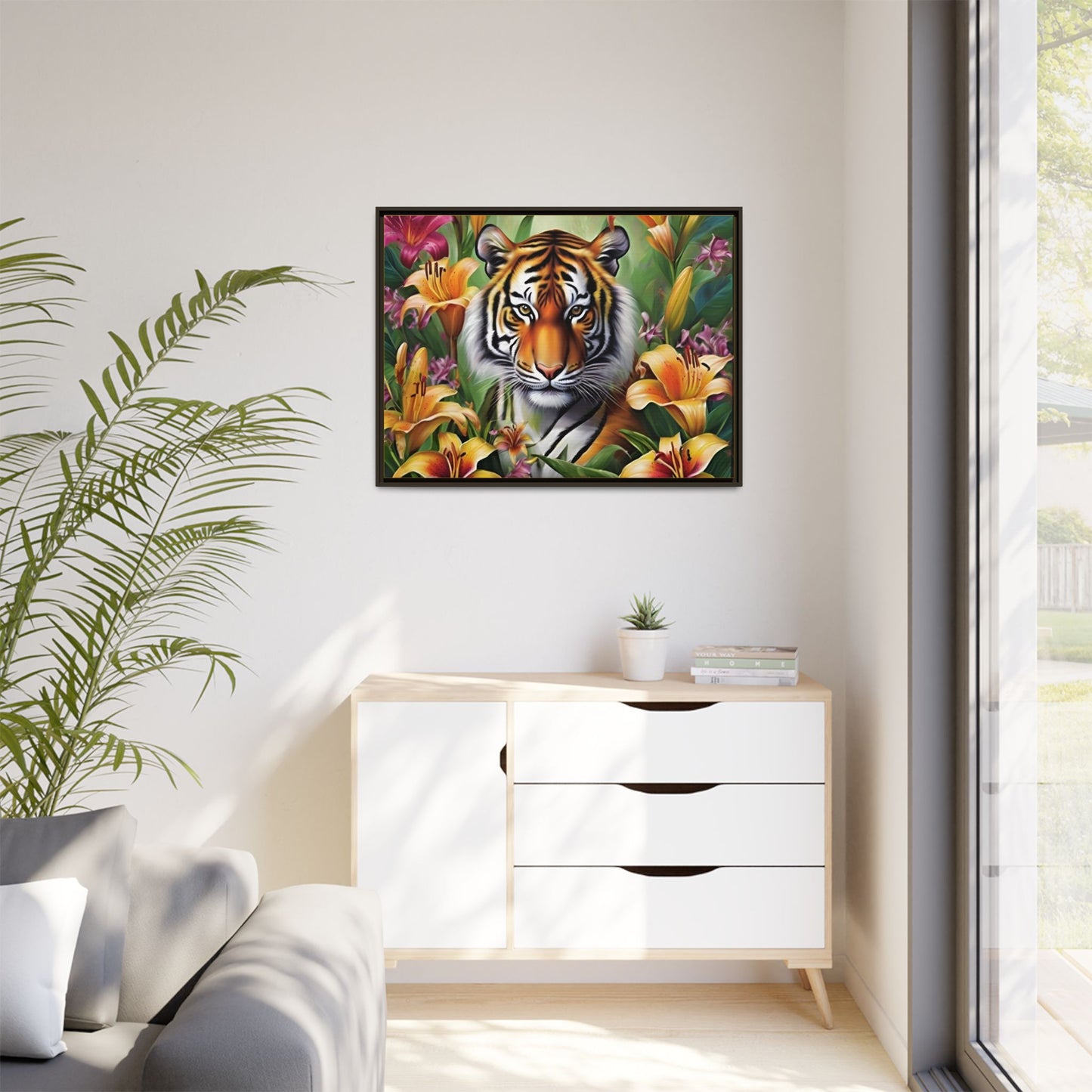 Majestic Tiger Framed Matte Canvas Art - Vibrant Floral Decor