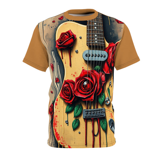 R&RH Brown Guitar & Roses Unisex Tee – Edgy Music Apparel for Rock Lovers