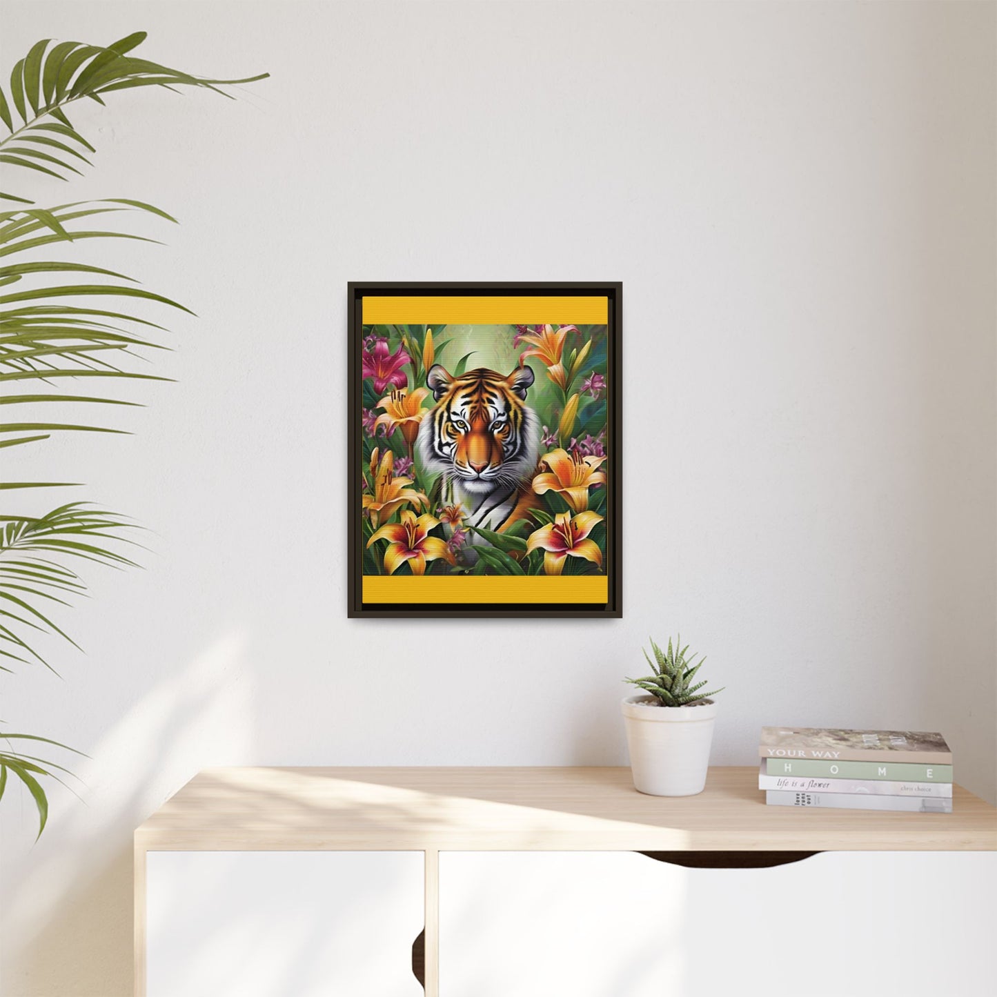 Majestic Tiger Framed Matte Canvas Art - Vibrant Floral Decor