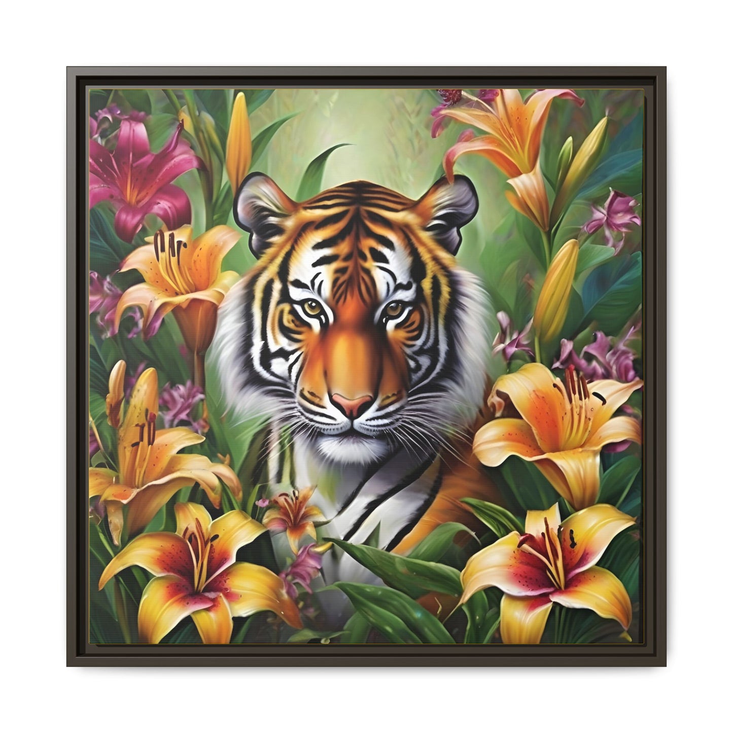 Majestic Tiger Framed Matte Canvas Art - Vibrant Floral Decor