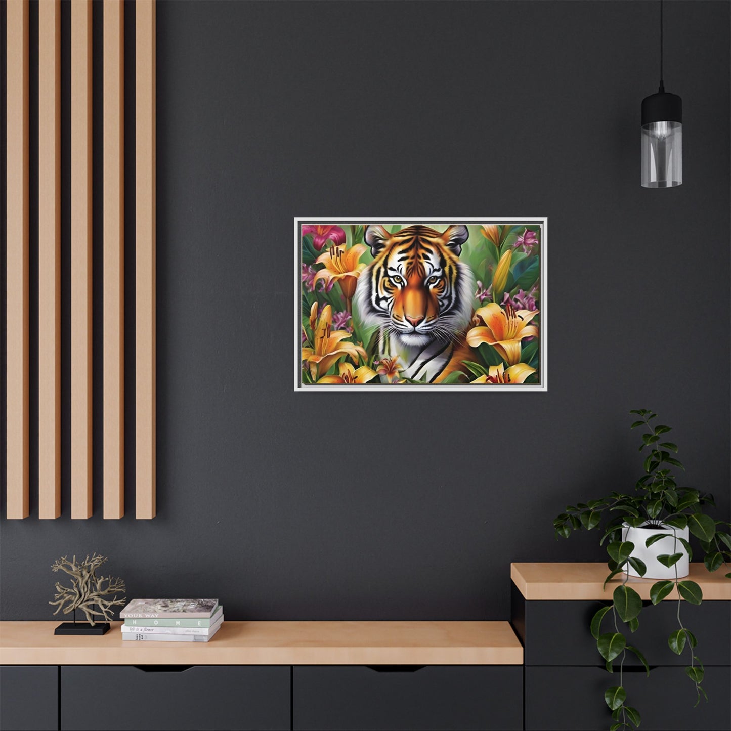 Majestic Tiger Framed Matte Canvas Art - Vibrant Floral Decor