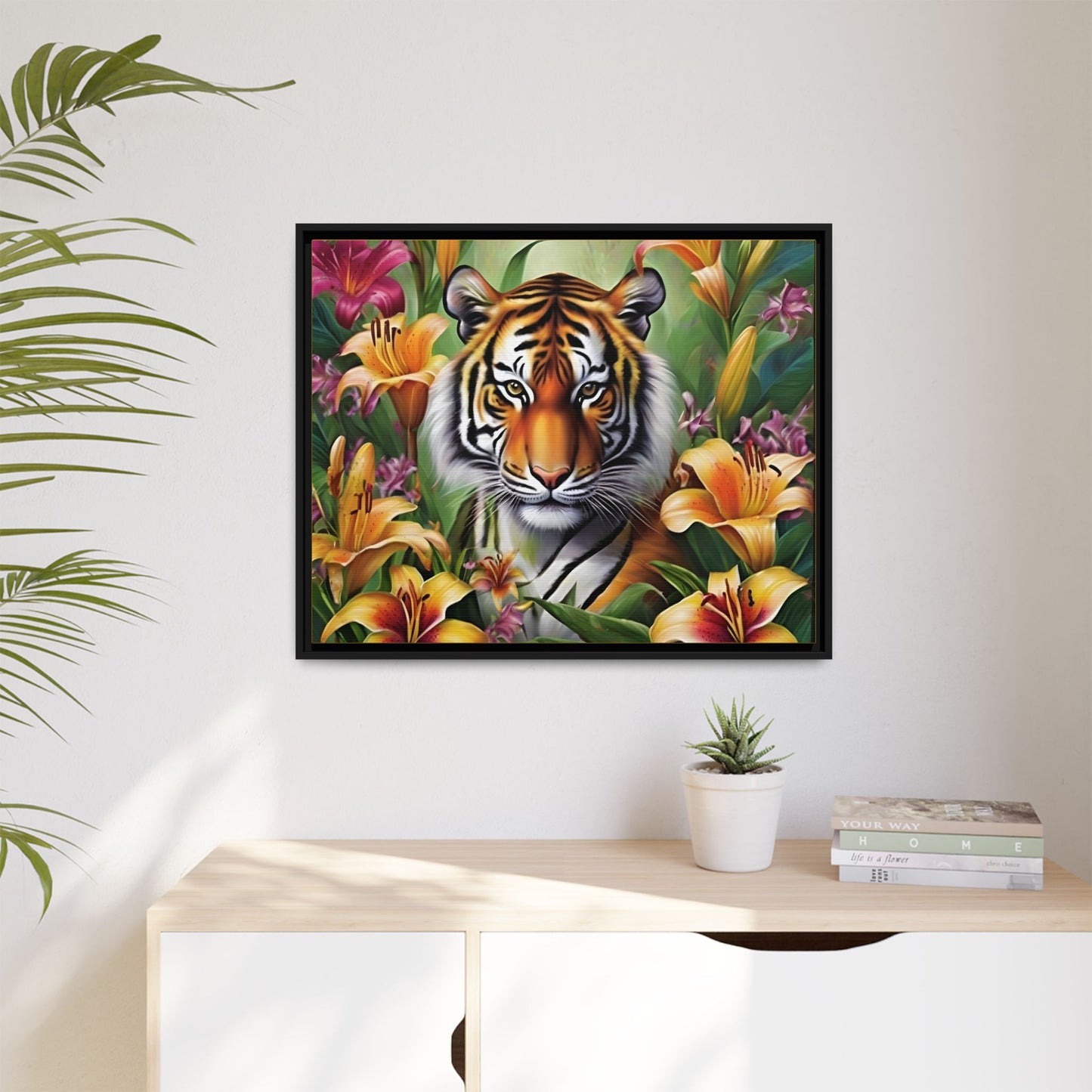 Majestic Tiger Framed Matte Canvas Art - Vibrant Floral Decor