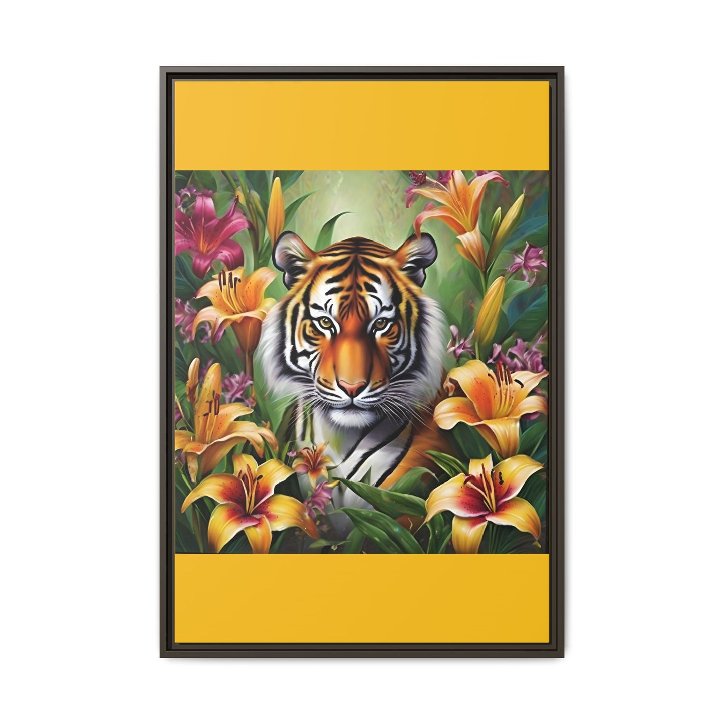 Majestic Tiger Framed Matte Canvas Art - Vibrant Floral Decor