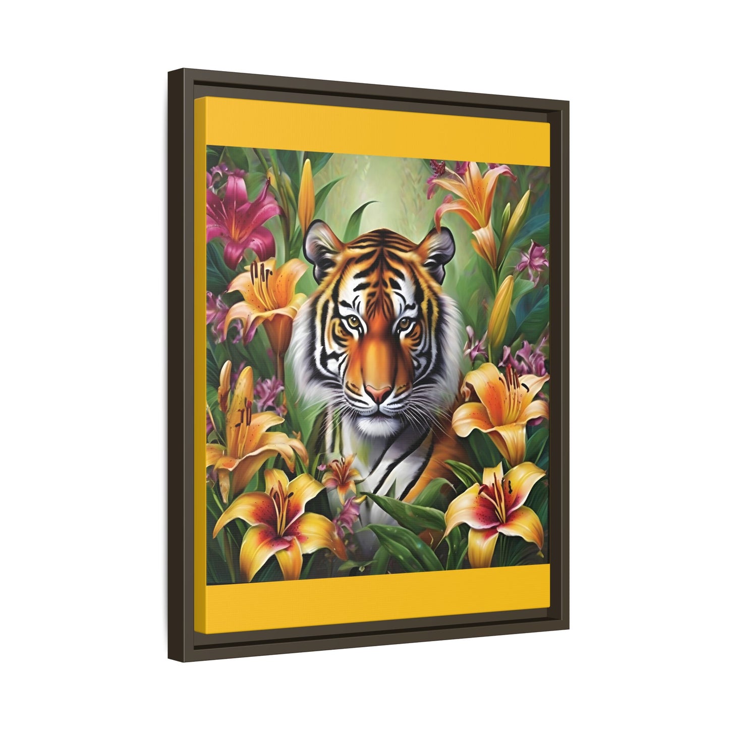 Majestic Tiger Framed Matte Canvas Art - Vibrant Floral Decor