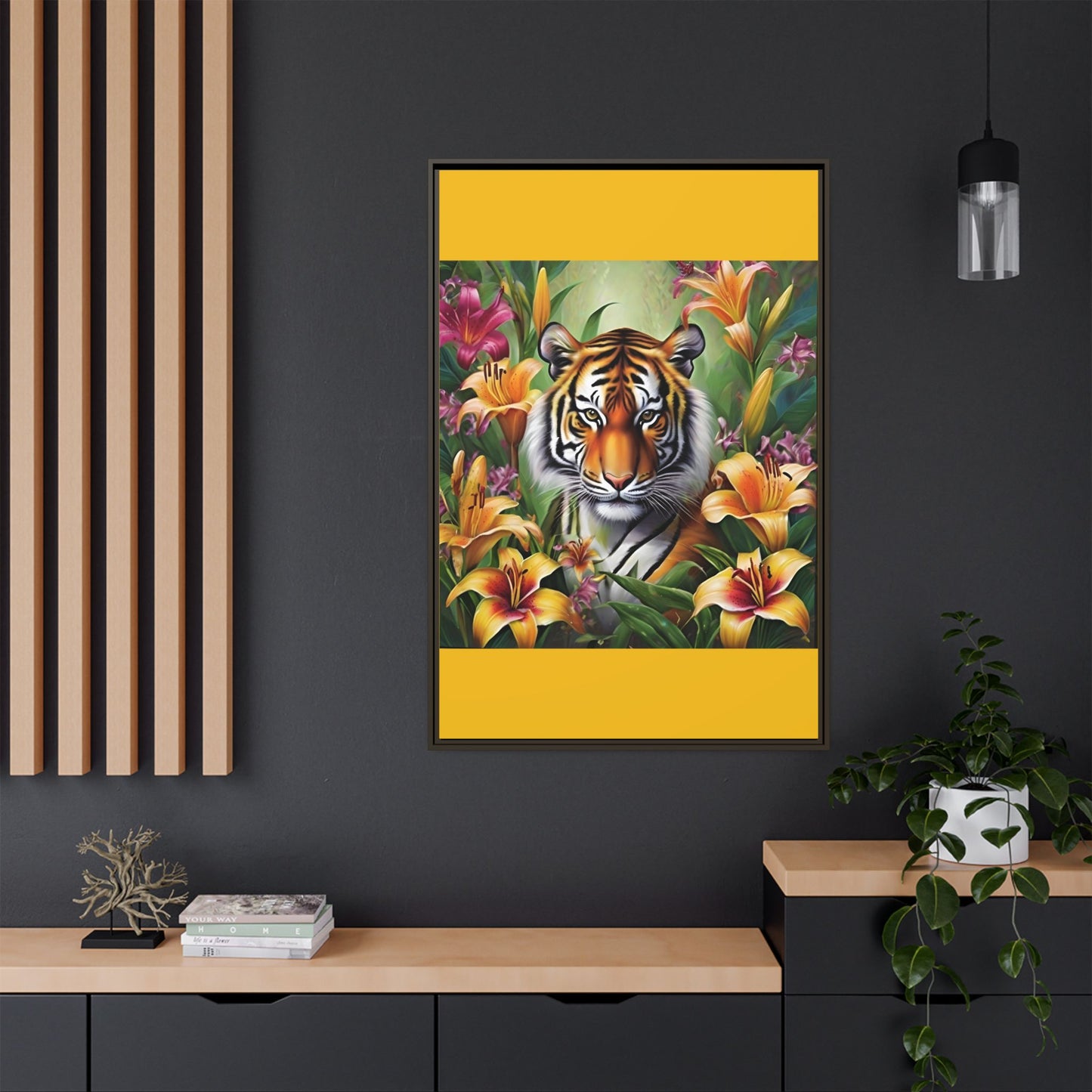 Majestic Tiger Framed Matte Canvas Art - Vibrant Floral Decor