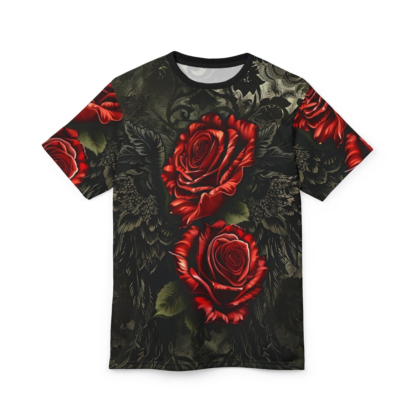 R&RH Vibrant Rose Wing Unisex Black Tee - Edgy Floral Graphic T-Shirt