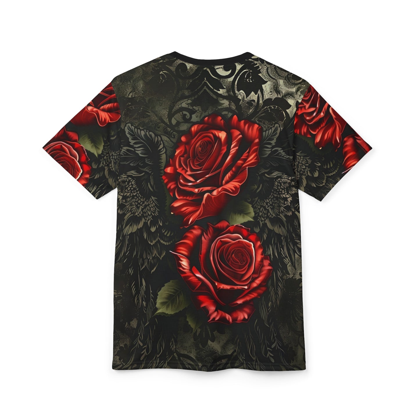 R&RH Vibrant Rose Wing Unisex Black Tee - Edgy Floral Graphic T-Shirt