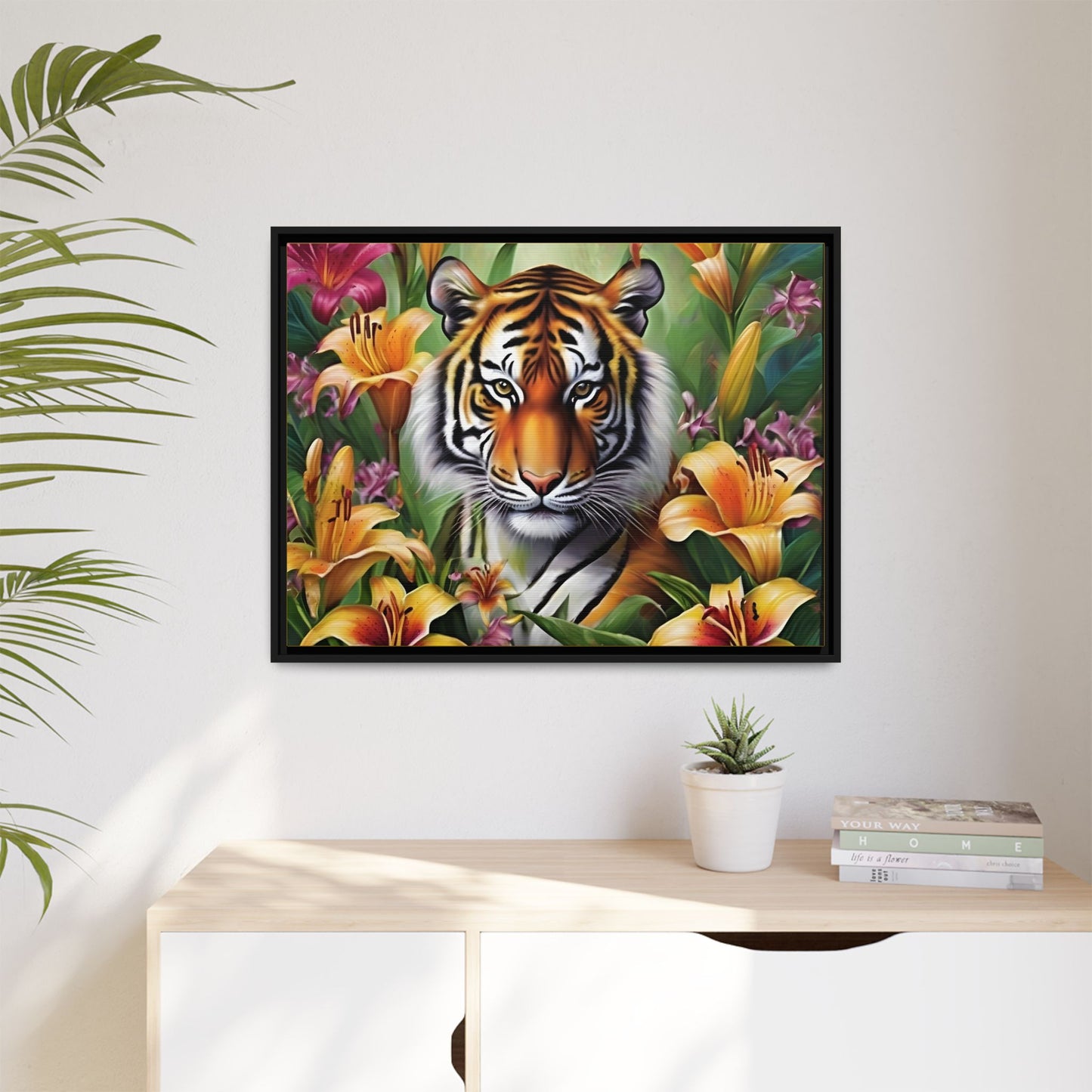 Majestic Tiger Framed Matte Canvas Art - Vibrant Floral Decor