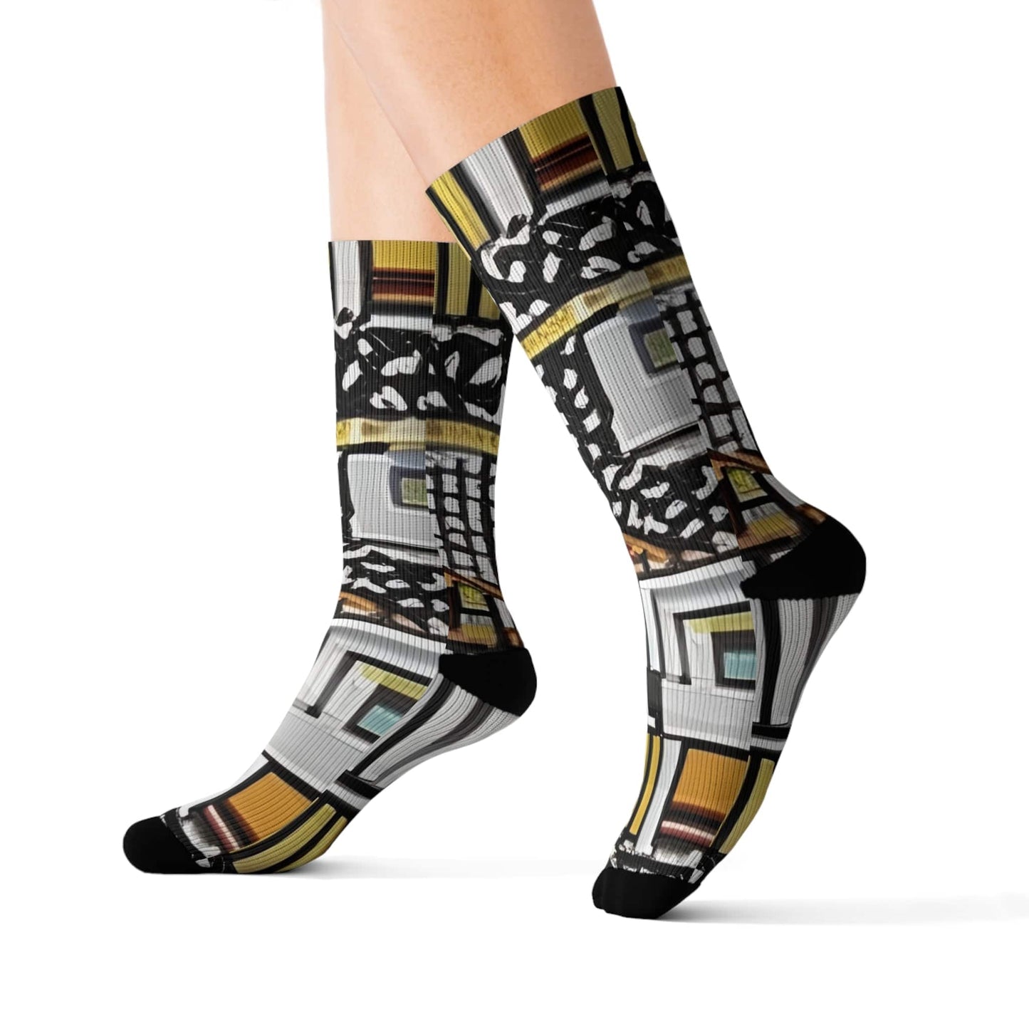 R&RH Artistic Yellow Unisex Patterned Sublimation Socks - Unique Abstract Design for Stylish Comfort