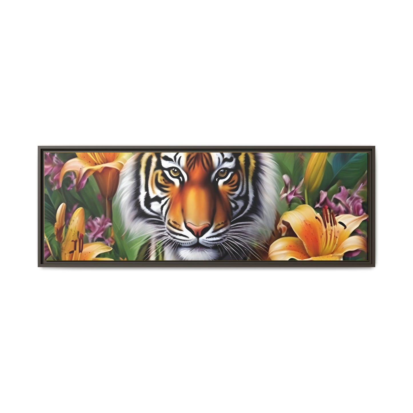 Majestic Tiger Framed Matte Canvas Art - Vibrant Floral Decor