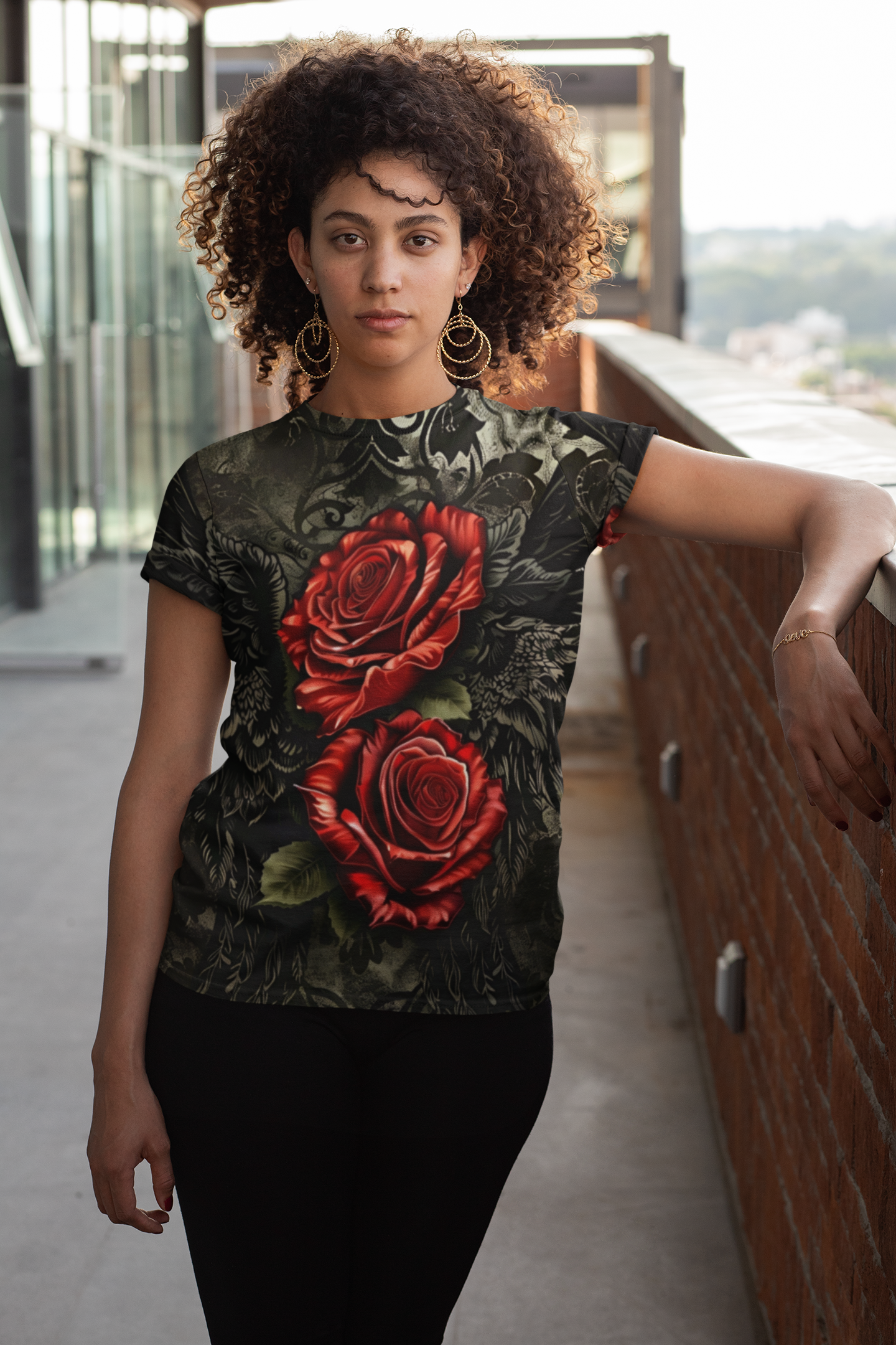 R&RH Vibrant Rose Wing Unisex Black Tee - Edgy Floral Graphic T-Shirt