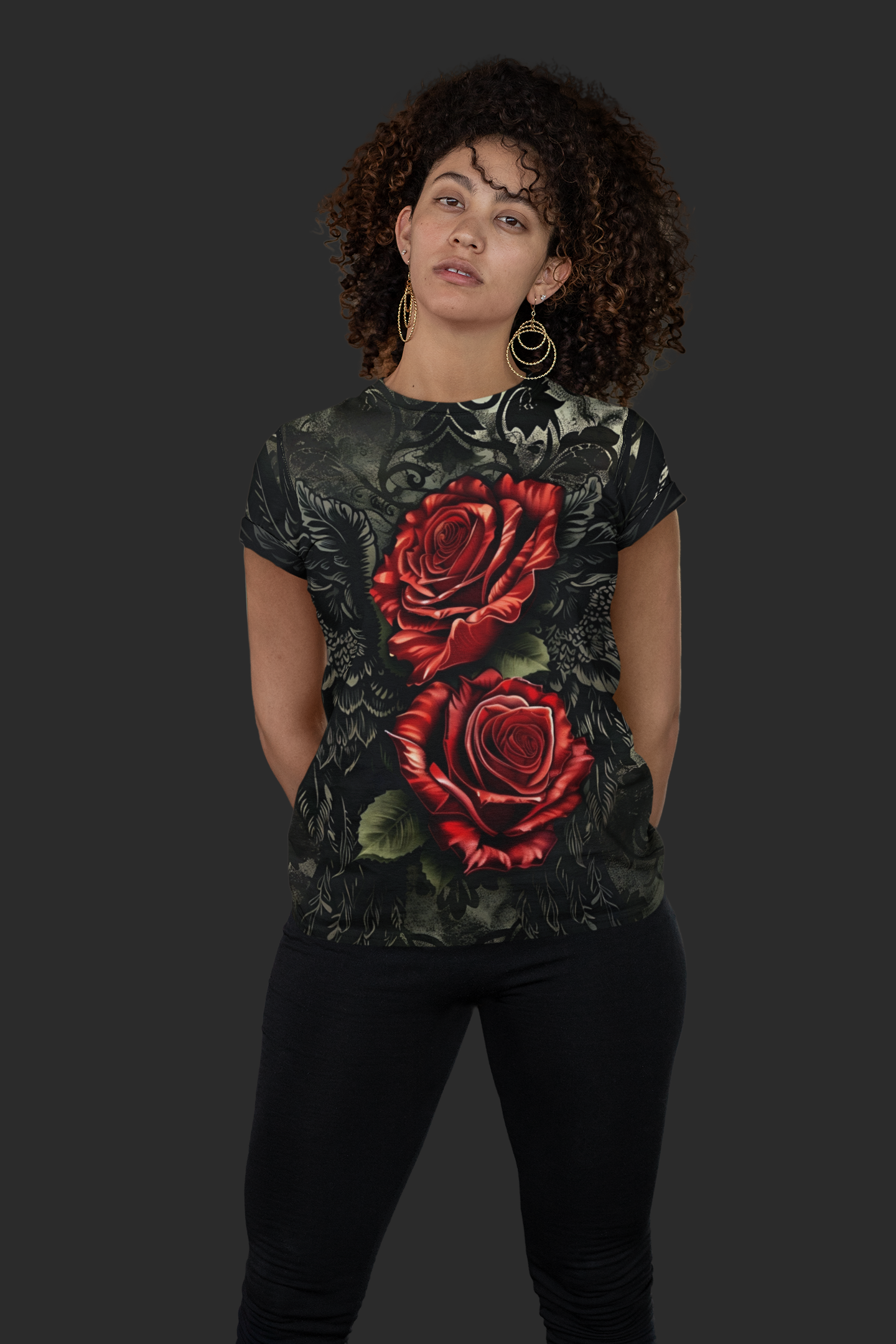 R&RH Vibrant Rose Wing Unisex Black Tee - Edgy Floral Graphic T-Shirt