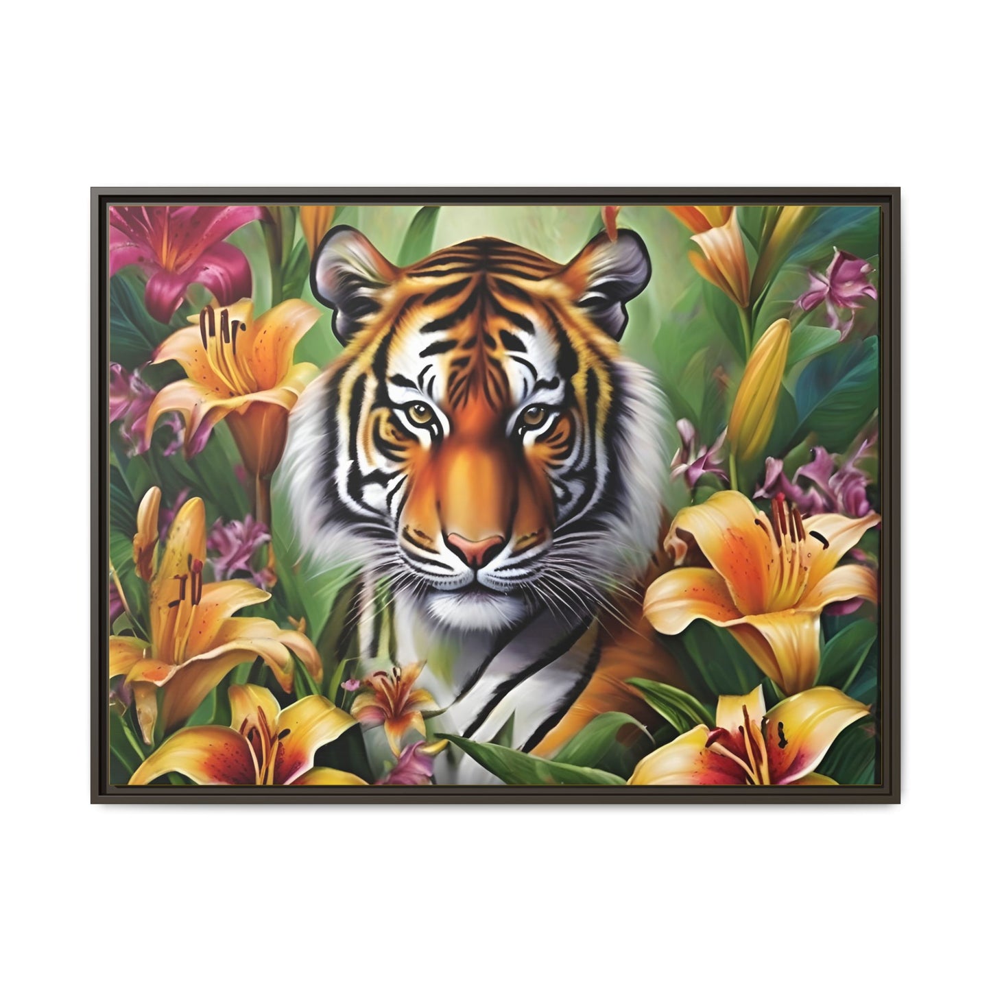 Majestic Tiger Framed Matte Canvas Art - Vibrant Floral Decor