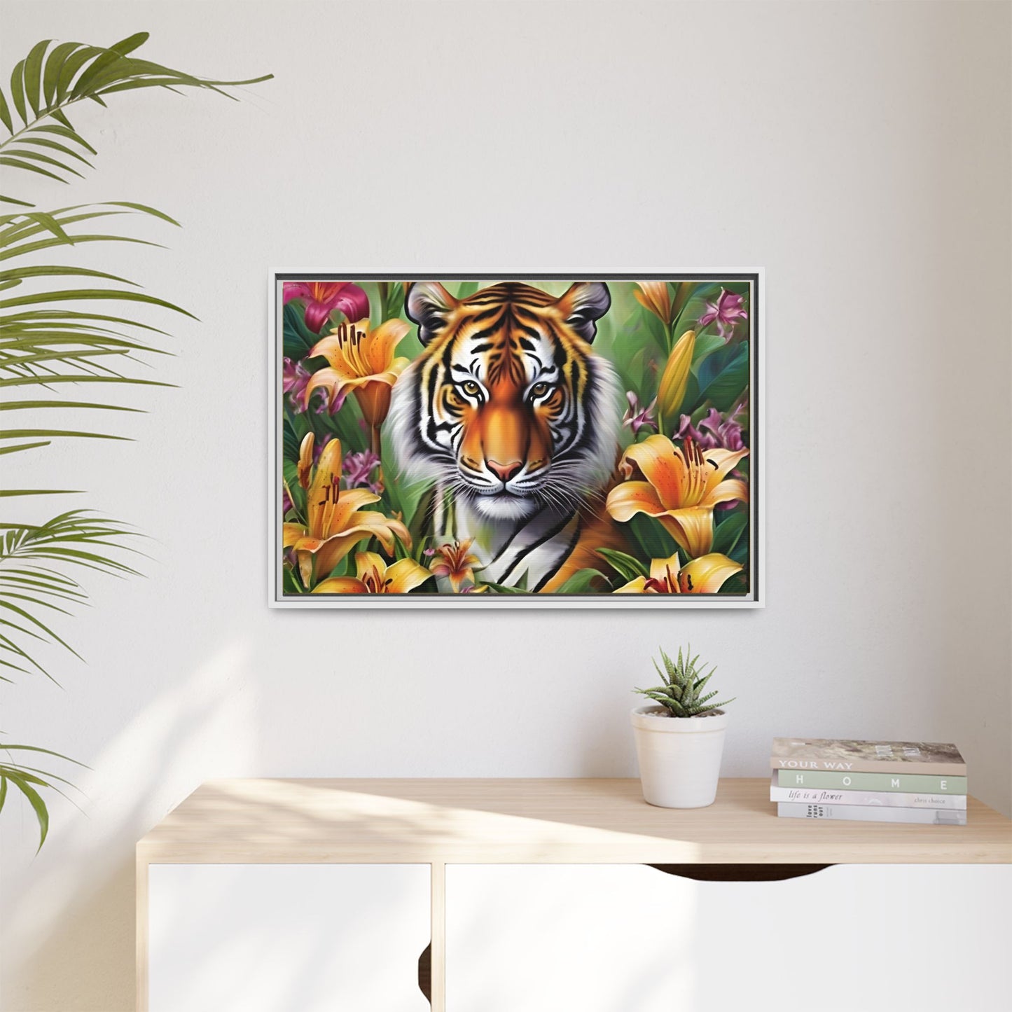 Majestic Tiger Framed Matte Canvas Art - Vibrant Floral Decor