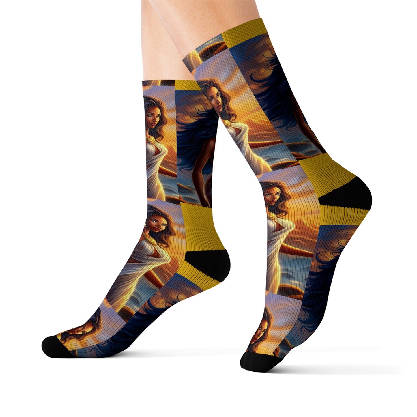 Sublimation Socks - R&RH Goddess Mustard Yellow Print, Comfortable and Stylish