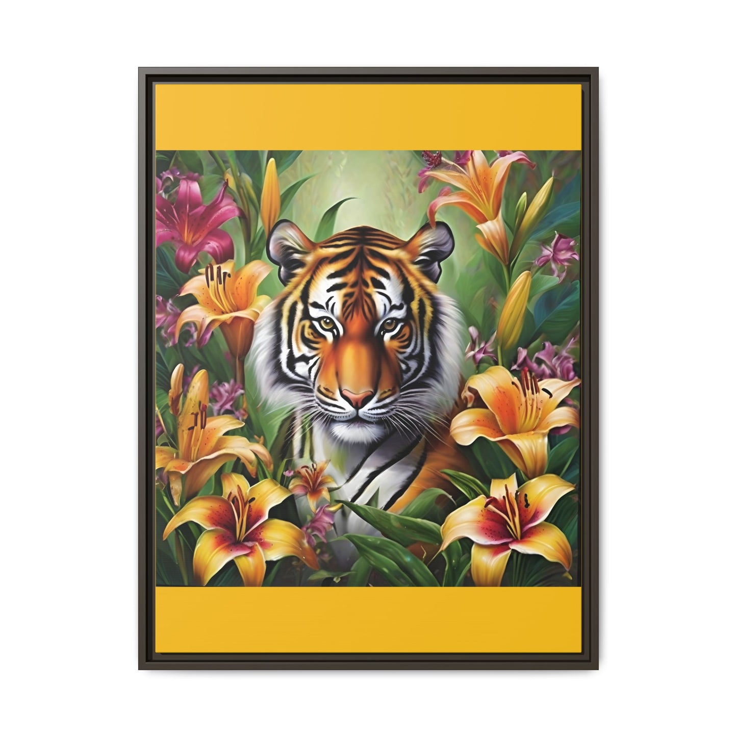 Majestic Tiger Framed Matte Canvas Art - Vibrant Floral Decor