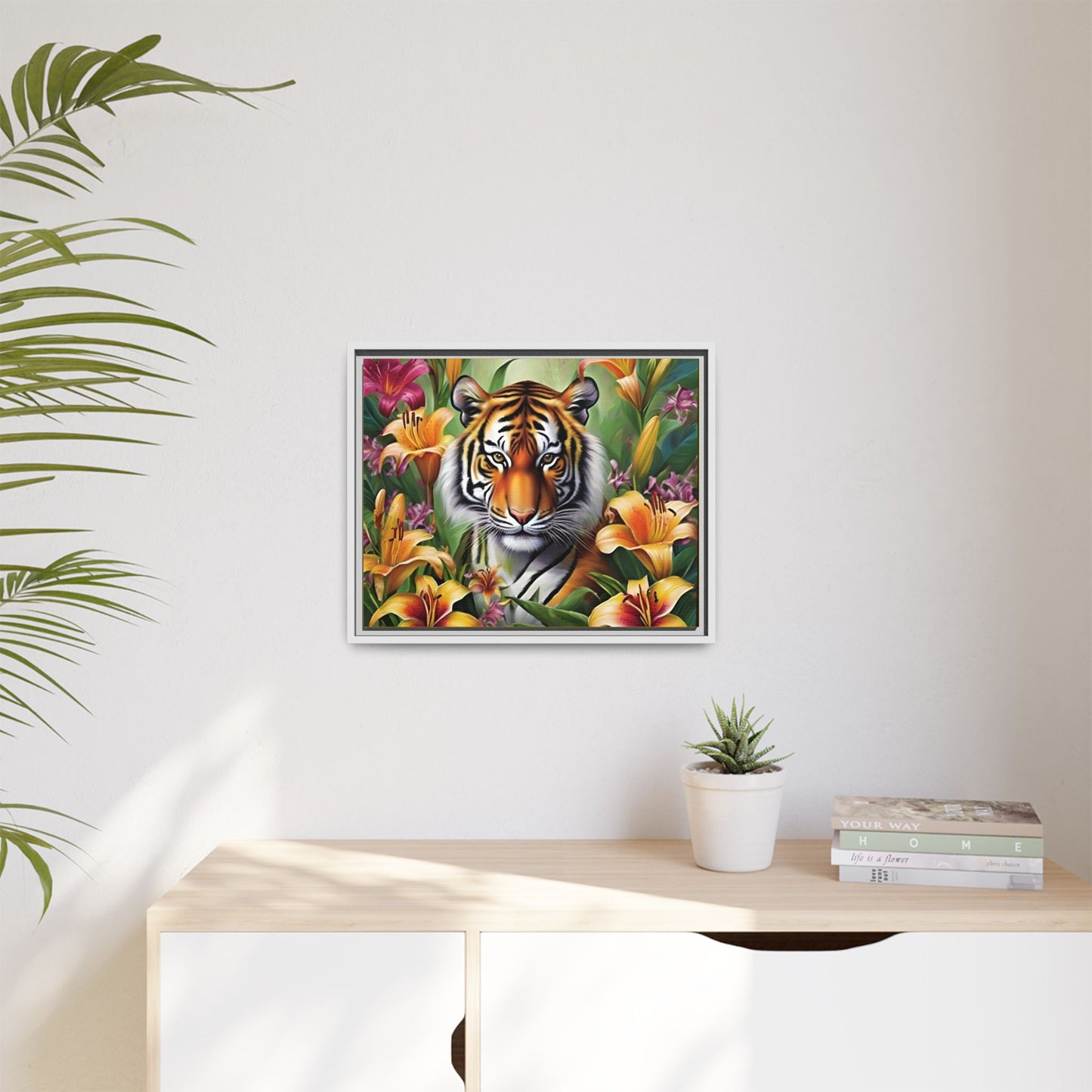 Majestic Tiger Framed Matte Canvas Art - Vibrant Floral Decor