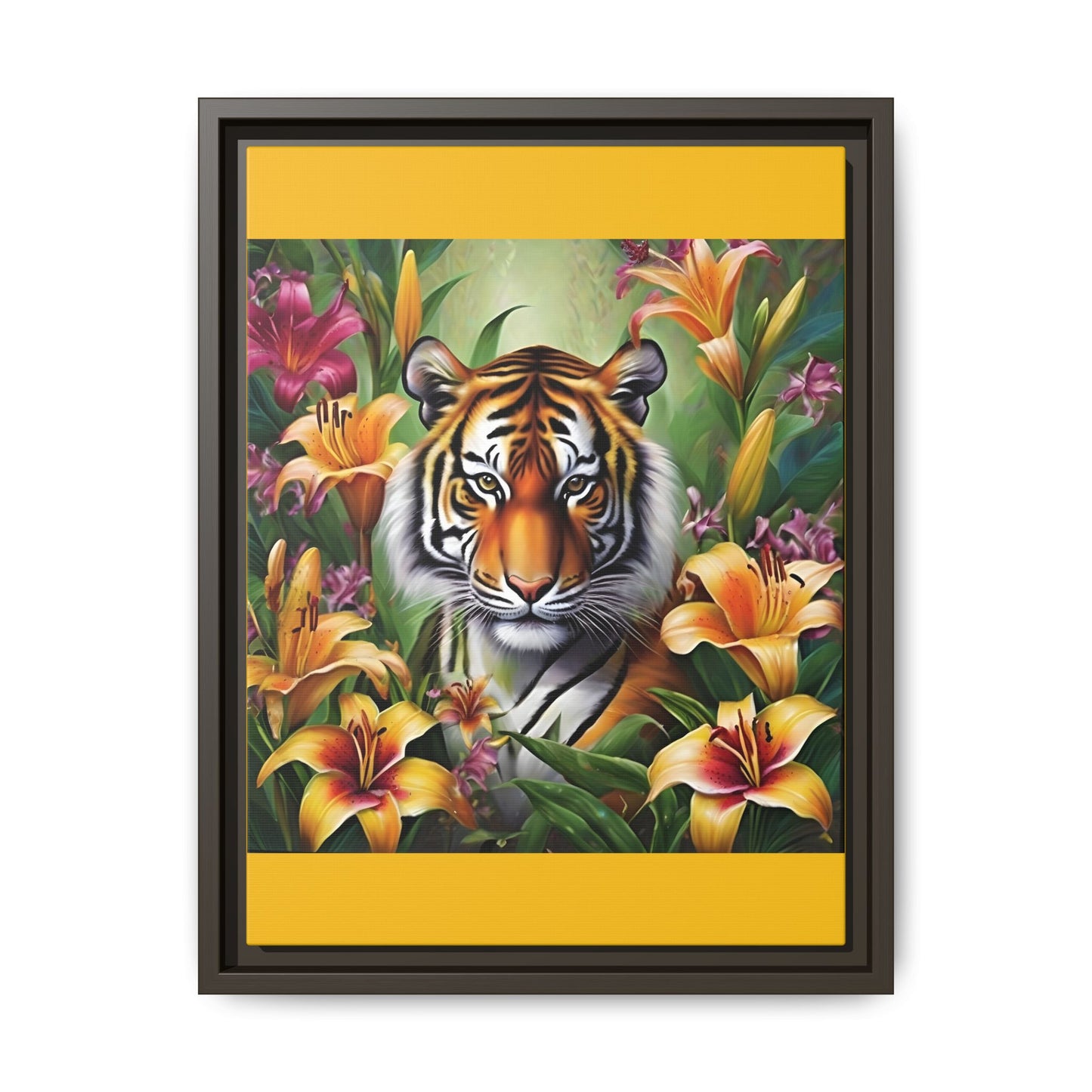 Majestic Tiger Framed Matte Canvas Art - Vibrant Floral Decor