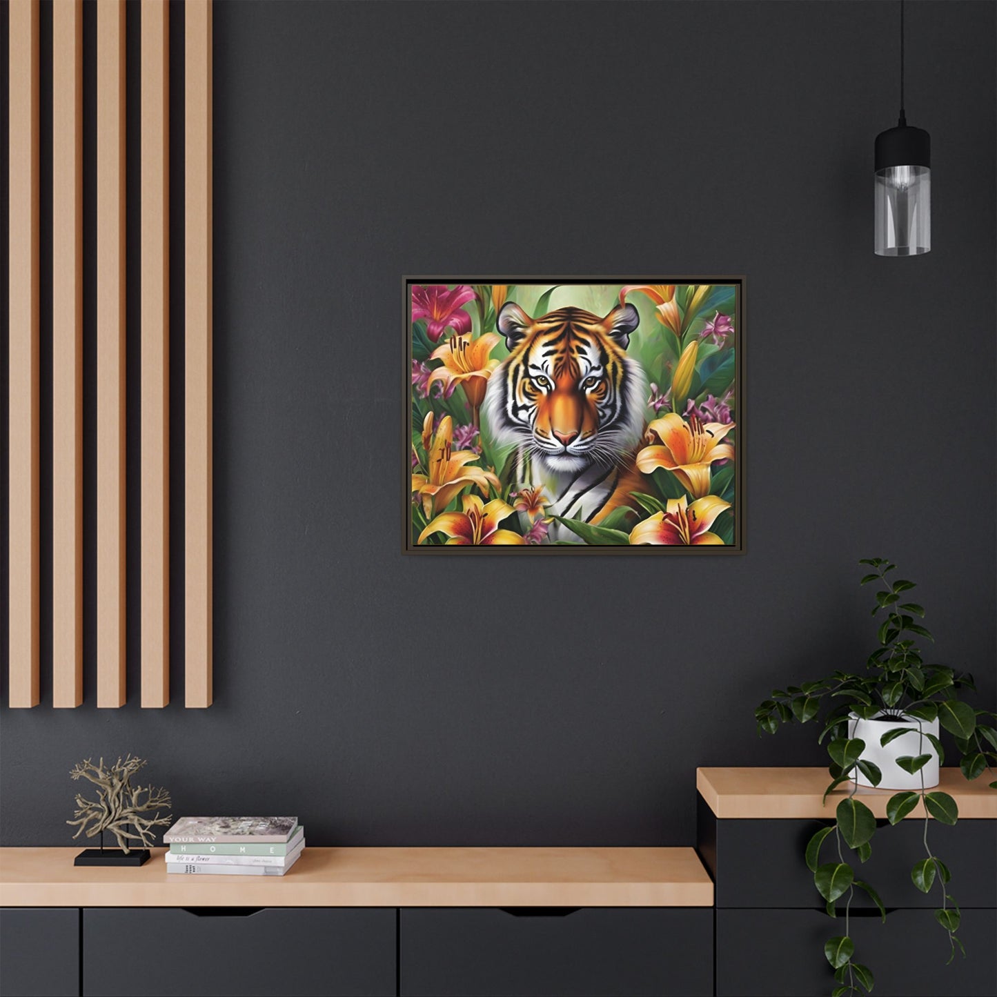 Majestic Tiger Framed Matte Canvas Art - Vibrant Floral Decor