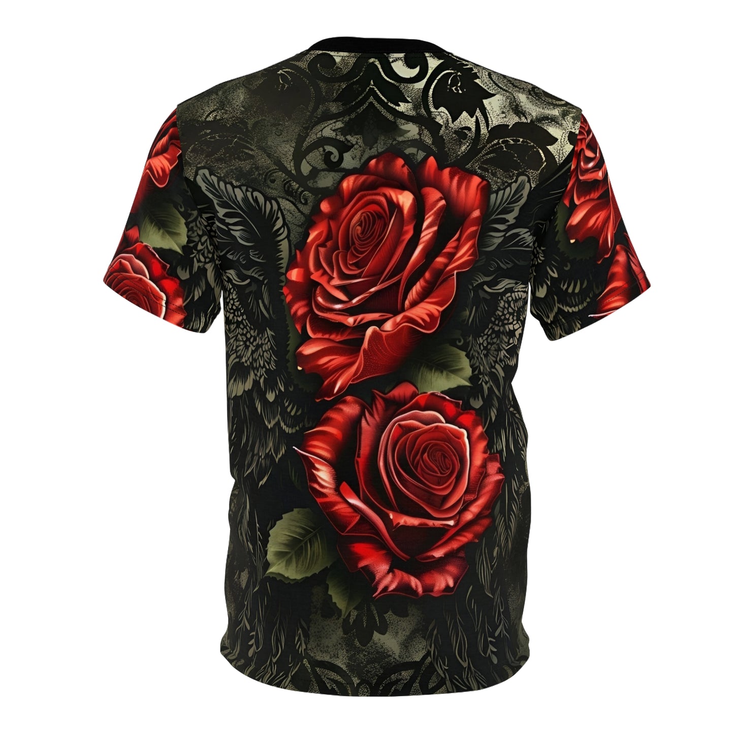 R&RH Vibrant Rose Wing Unisex Black Tee - Edgy Floral Graphic T-Shirt