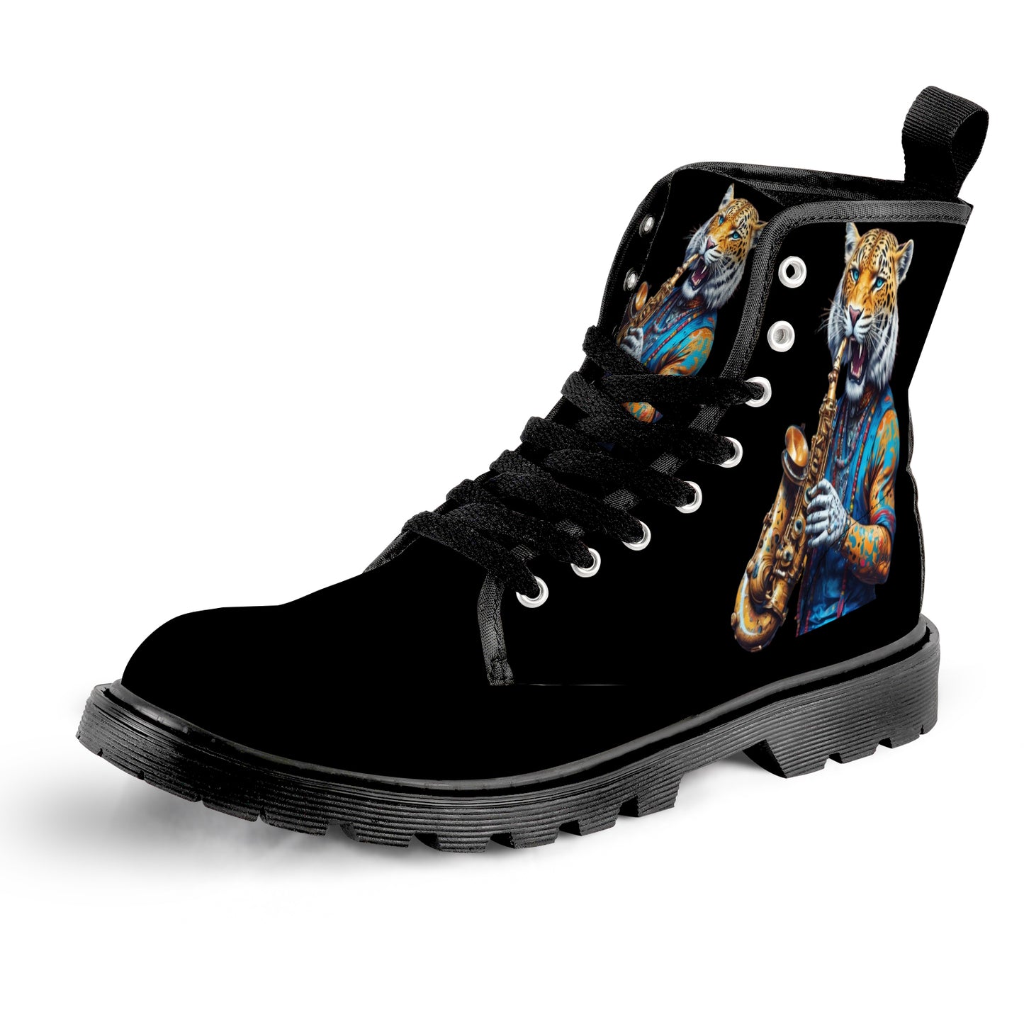 Men's Leopard Saxophone Black Lace Up Canvas Boots