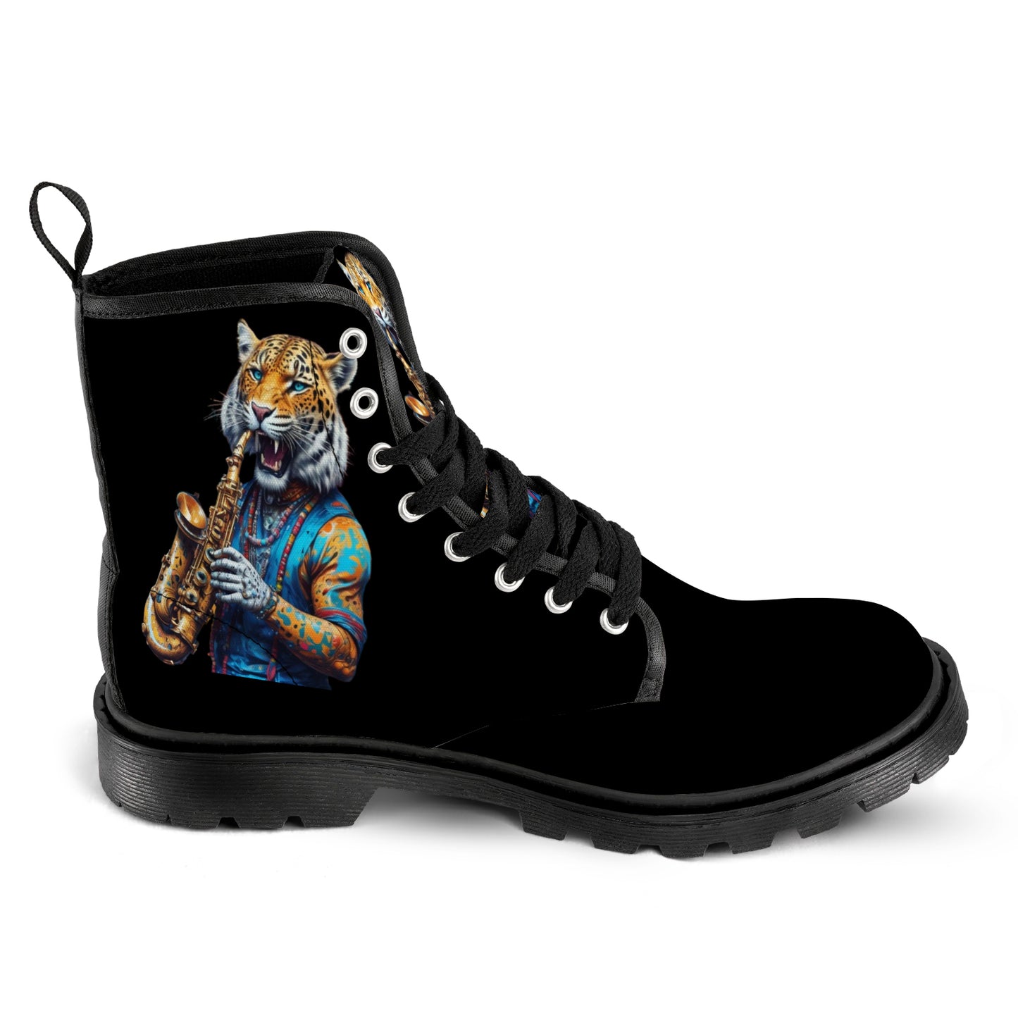 Men's Leopard Saxophone Black Lace Up Canvas Boots