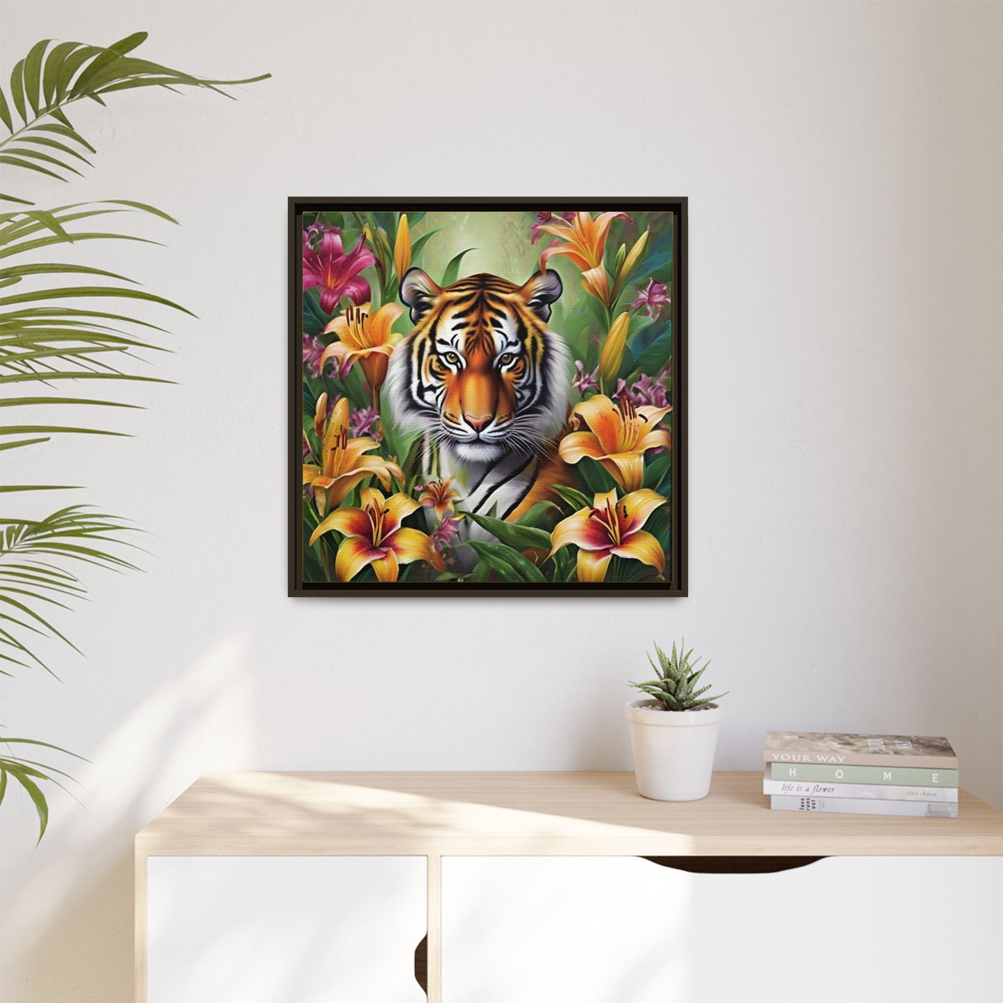 Majestic Tiger Framed Matte Canvas Art - Vibrant Floral Decor