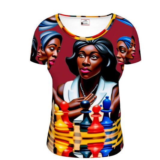 R&RH Ladies Scoop Neck Red Chess Caricature T-Shirt