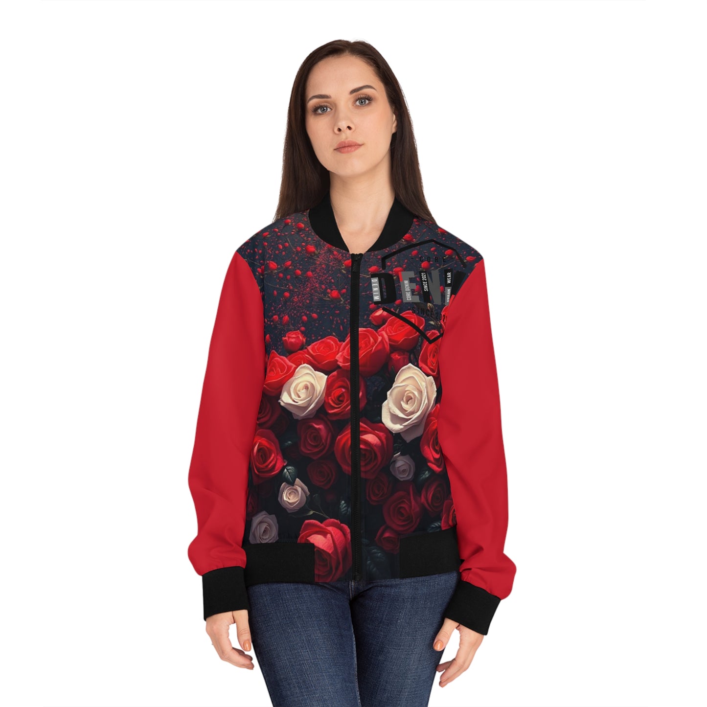 R&RH Red Floral Printed Women's Bomber Jacket - Stylish and Edgy Red Design