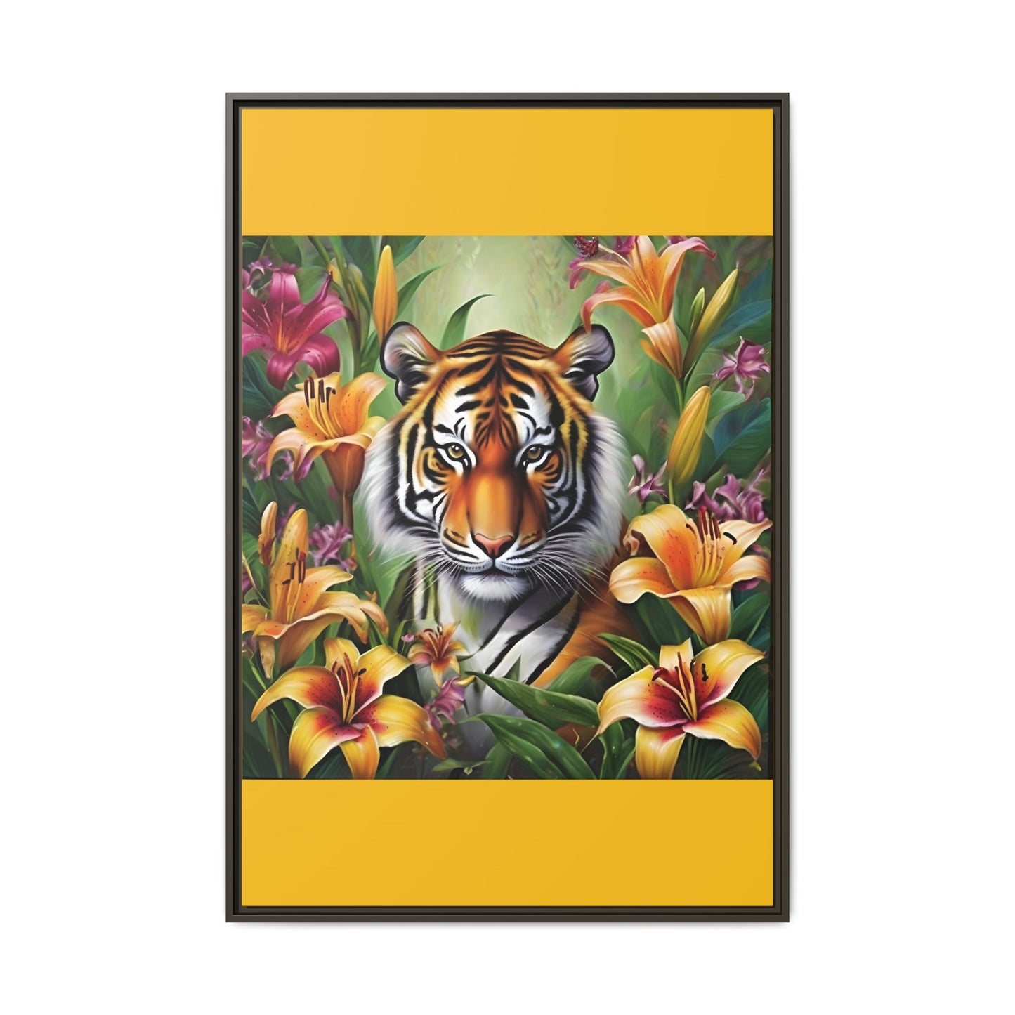 Majestic Tiger Framed Matte Canvas Art - Vibrant Floral Decor