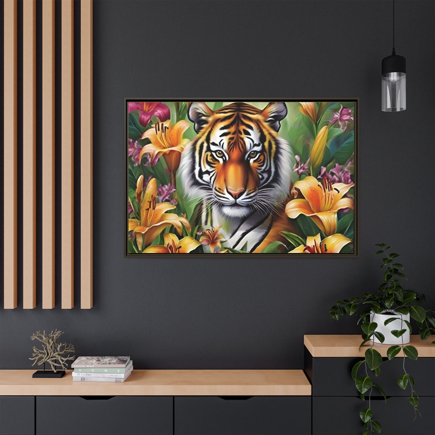 Majestic Tiger Framed Matte Canvas Art - Vibrant Floral Decor