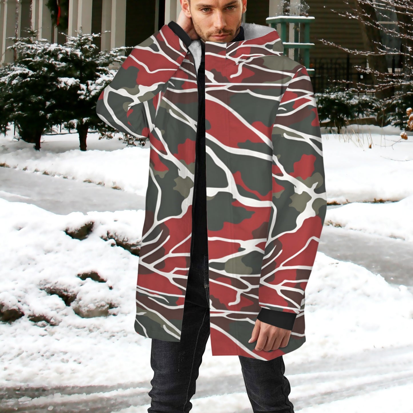 R&RH Men's Camoflage and Red Mid Length Hooded Coat