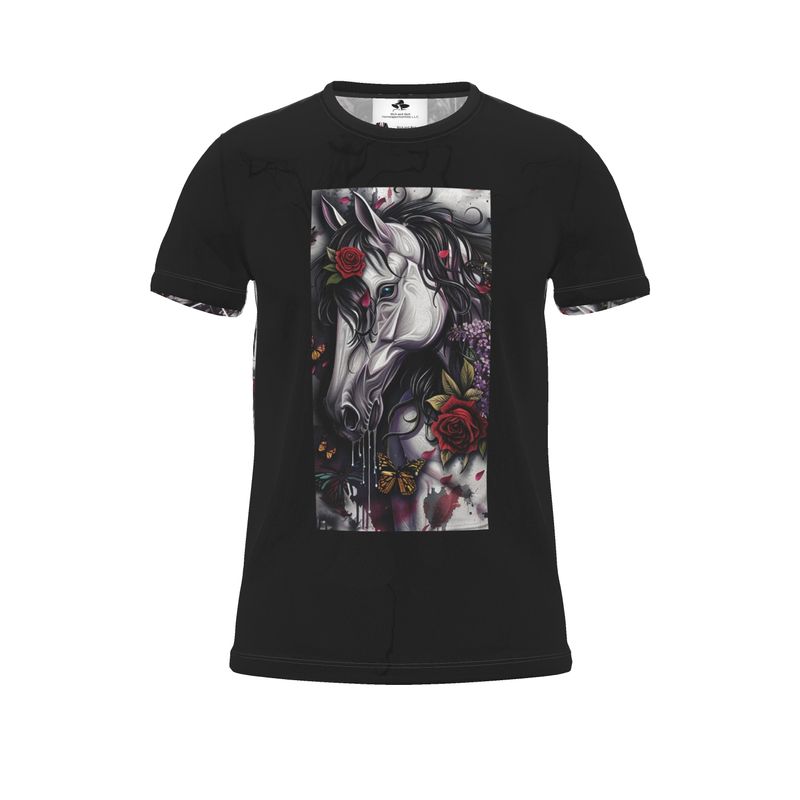 R&RH Unisex White Horse Black Multi Color  & Design T-Shirt