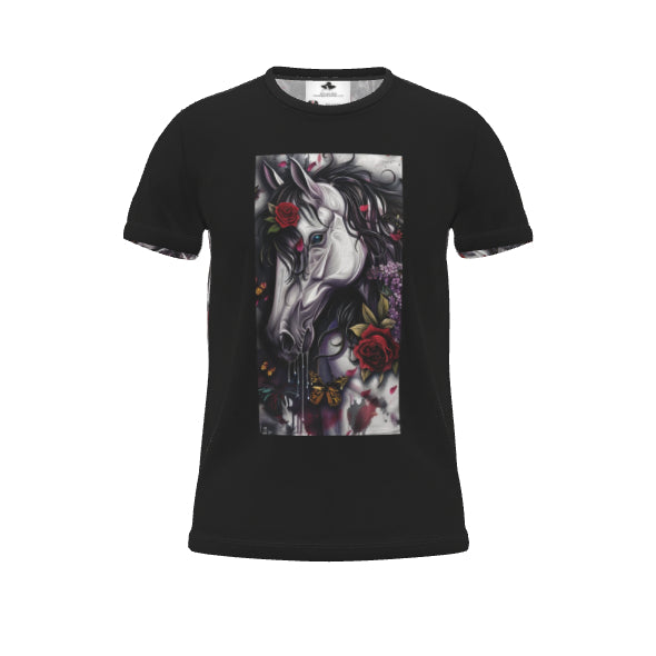 R&RH Unisex White Horse Black Multi Color  & Design T-Shirt