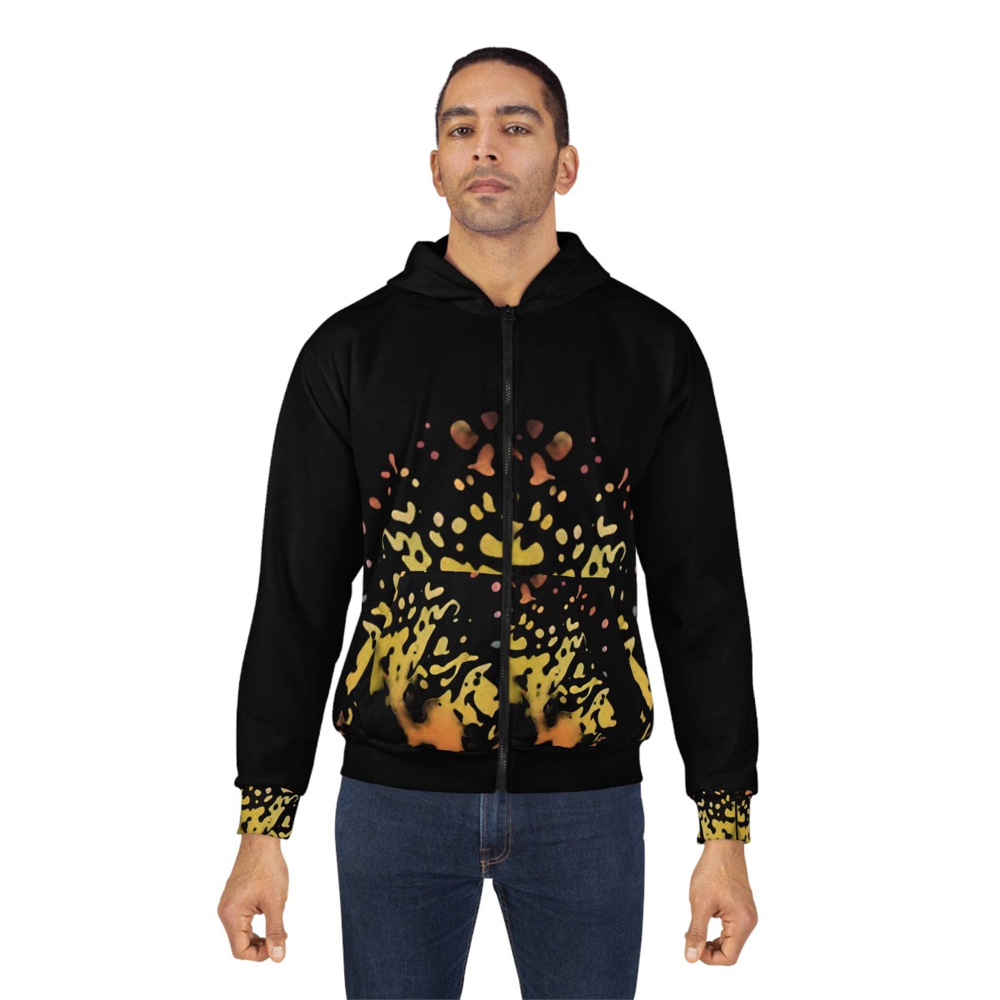 R&RH Vibrant Flame Unisex Zip Black Hoodie - Trendy Streetwear for All Occasions