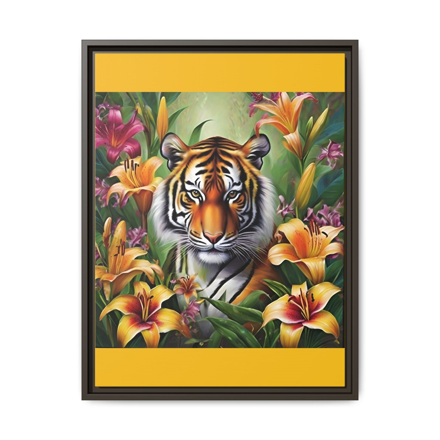 Majestic Tiger Framed Matte Canvas Art - Vibrant Floral Decor