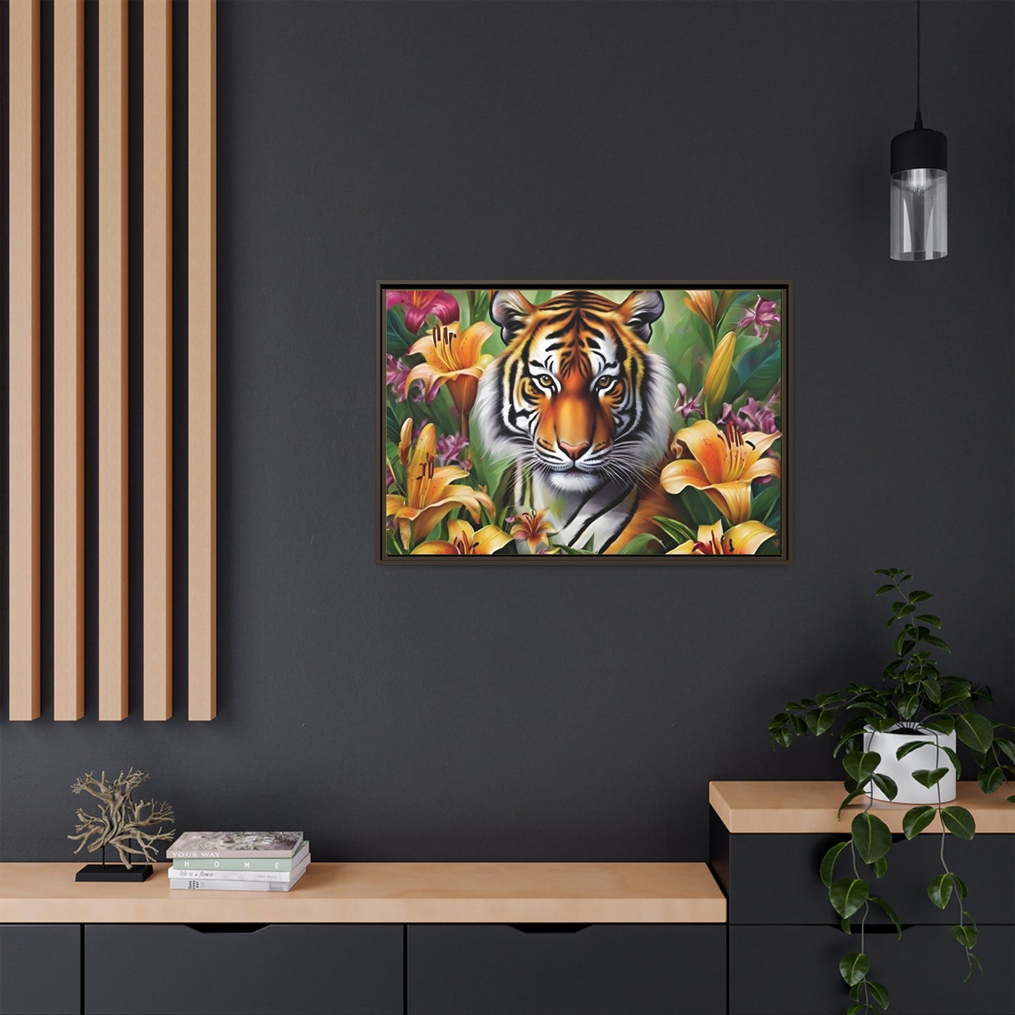 Majestic Tiger Framed Matte Canvas Art - Vibrant Floral Decor