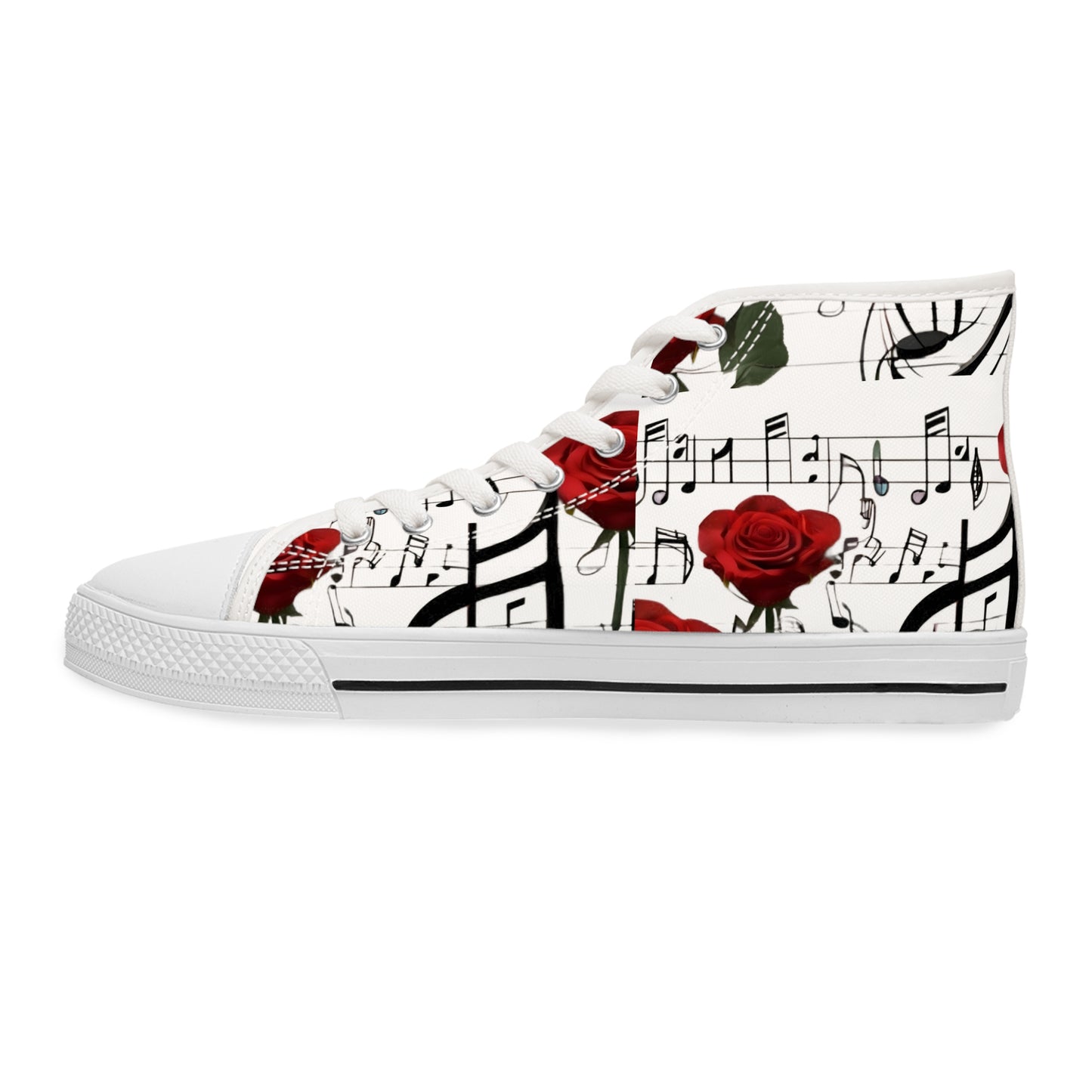 R&RH Elegant Music Note High Top White Sneakers with Rose Design