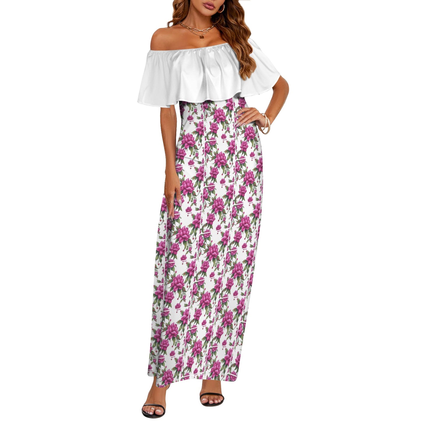 R&RH Women's Off Shoulder Fushia Flower Dress