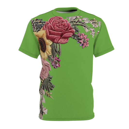 R&RH Embroidered Floral Unisex Designer Womens T-shirt | Vibrant Green Top for All Occasions