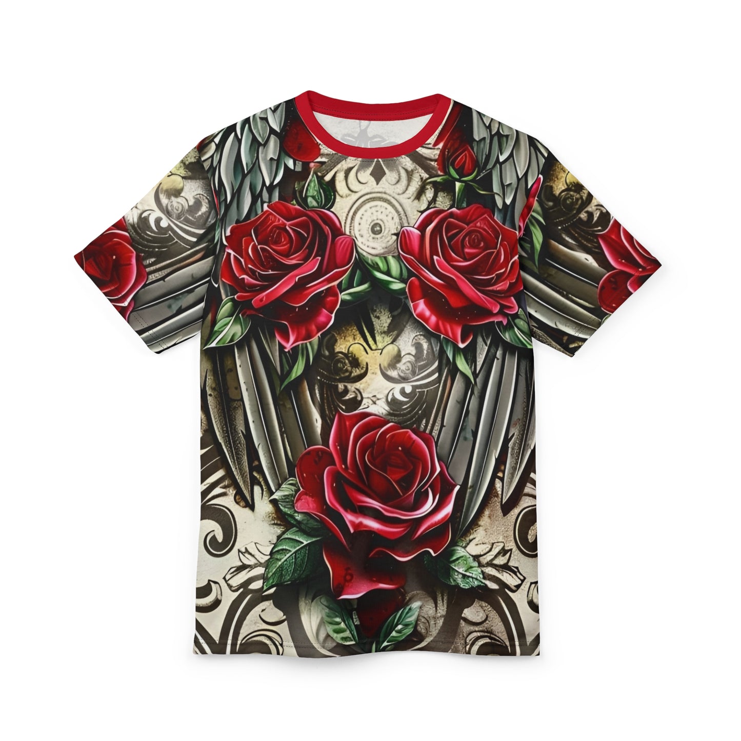 R&RH Red Vibrant Rose Wing Unisex Tee - Edgy Floral Graphic T-Shirt