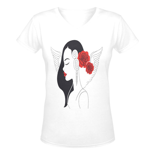 R&RH Woman Rose Womens White Designer Deep V-neck T-shirt