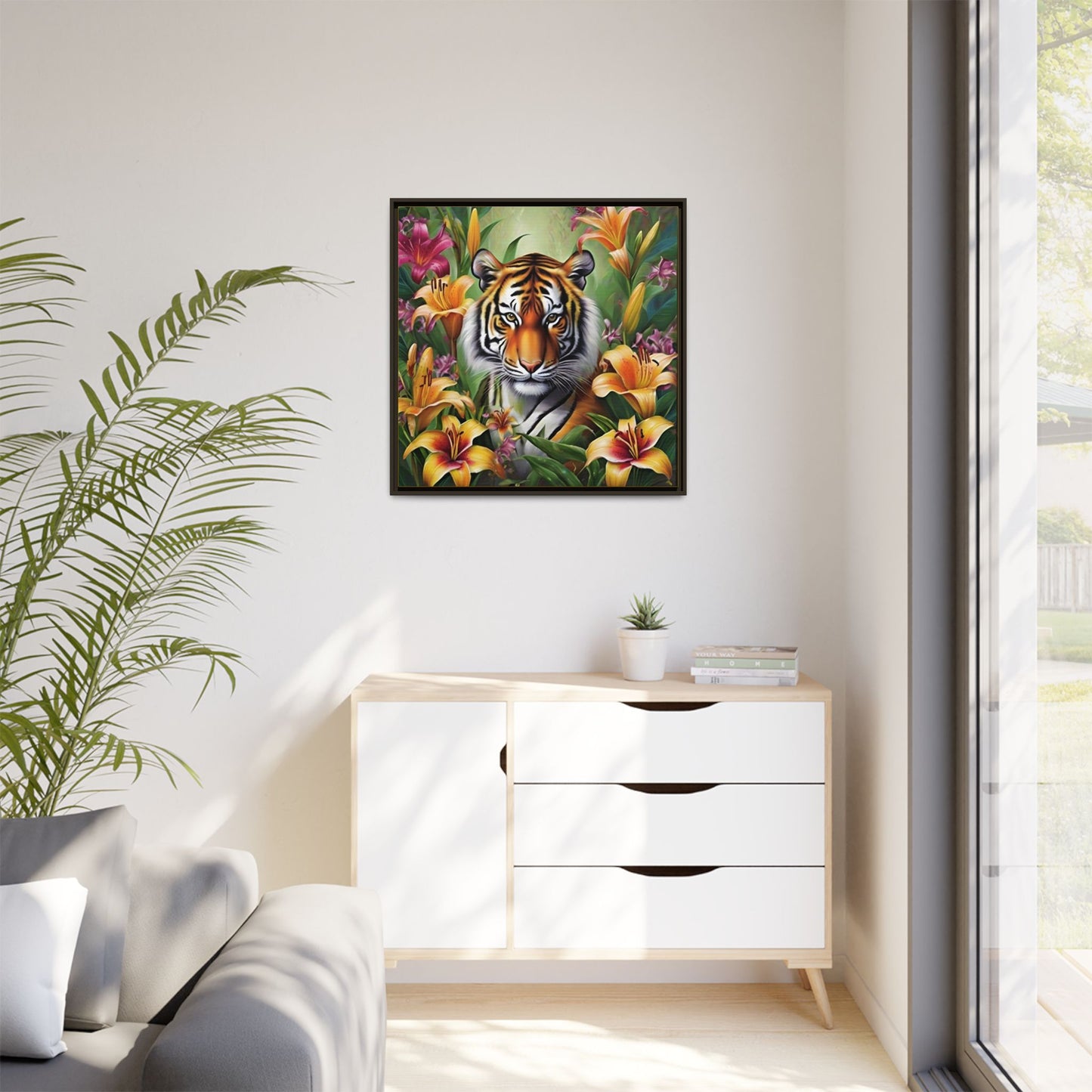 Majestic Tiger Framed Matte Canvas Art - Vibrant Floral Decor