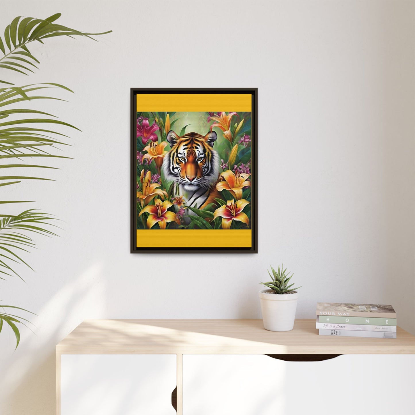 Majestic Tiger Framed Matte Canvas Art - Vibrant Floral Decor