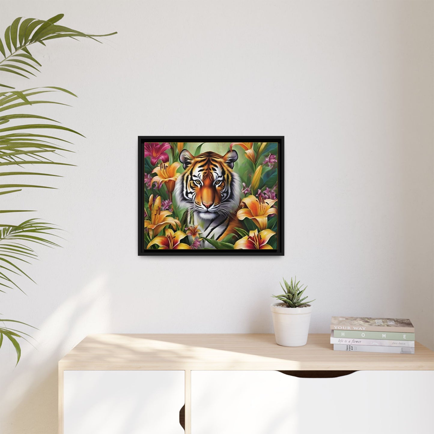 Majestic Tiger Framed Matte Canvas Art - Vibrant Floral Decor