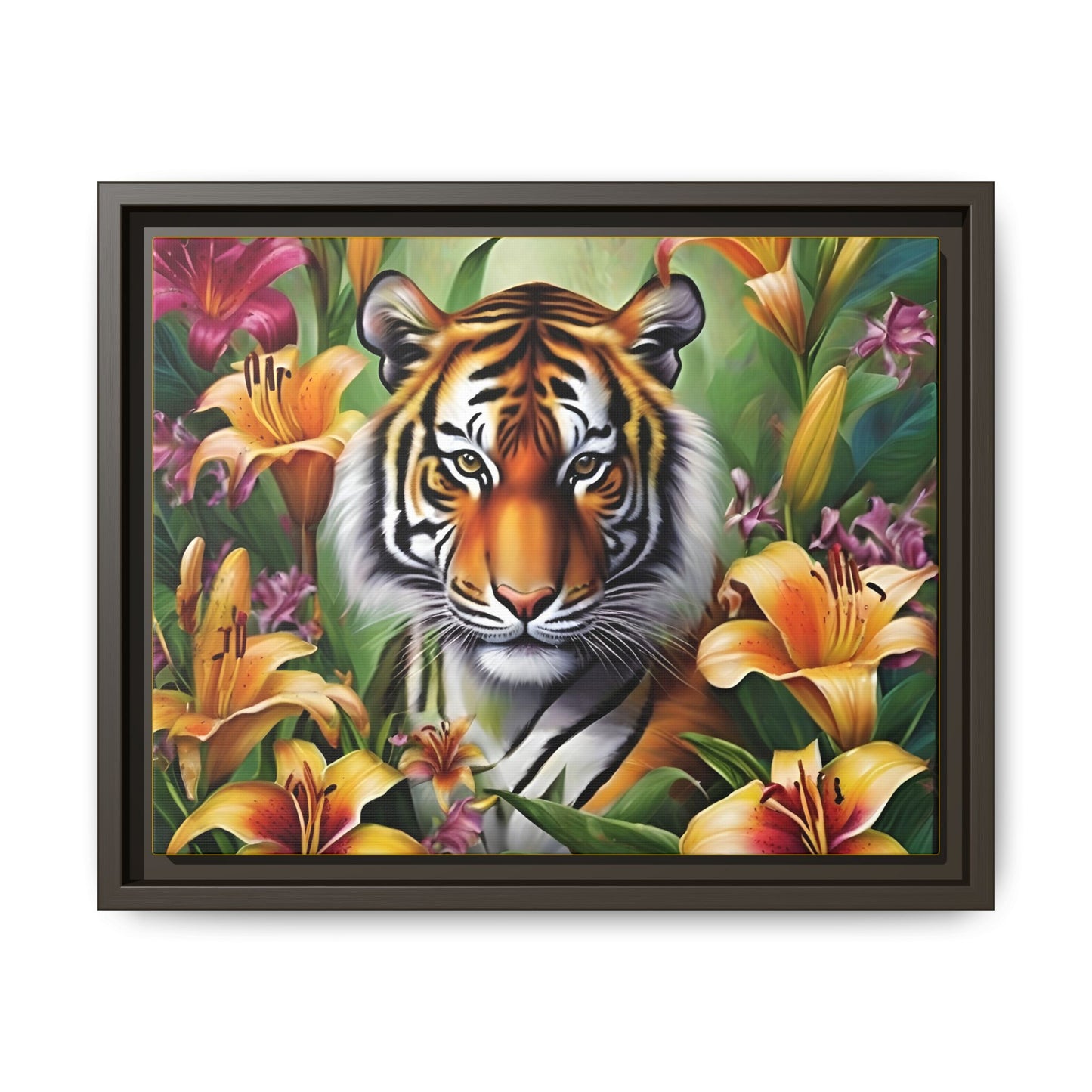 Majestic Tiger Framed Matte Canvas Art - Vibrant Floral Decor