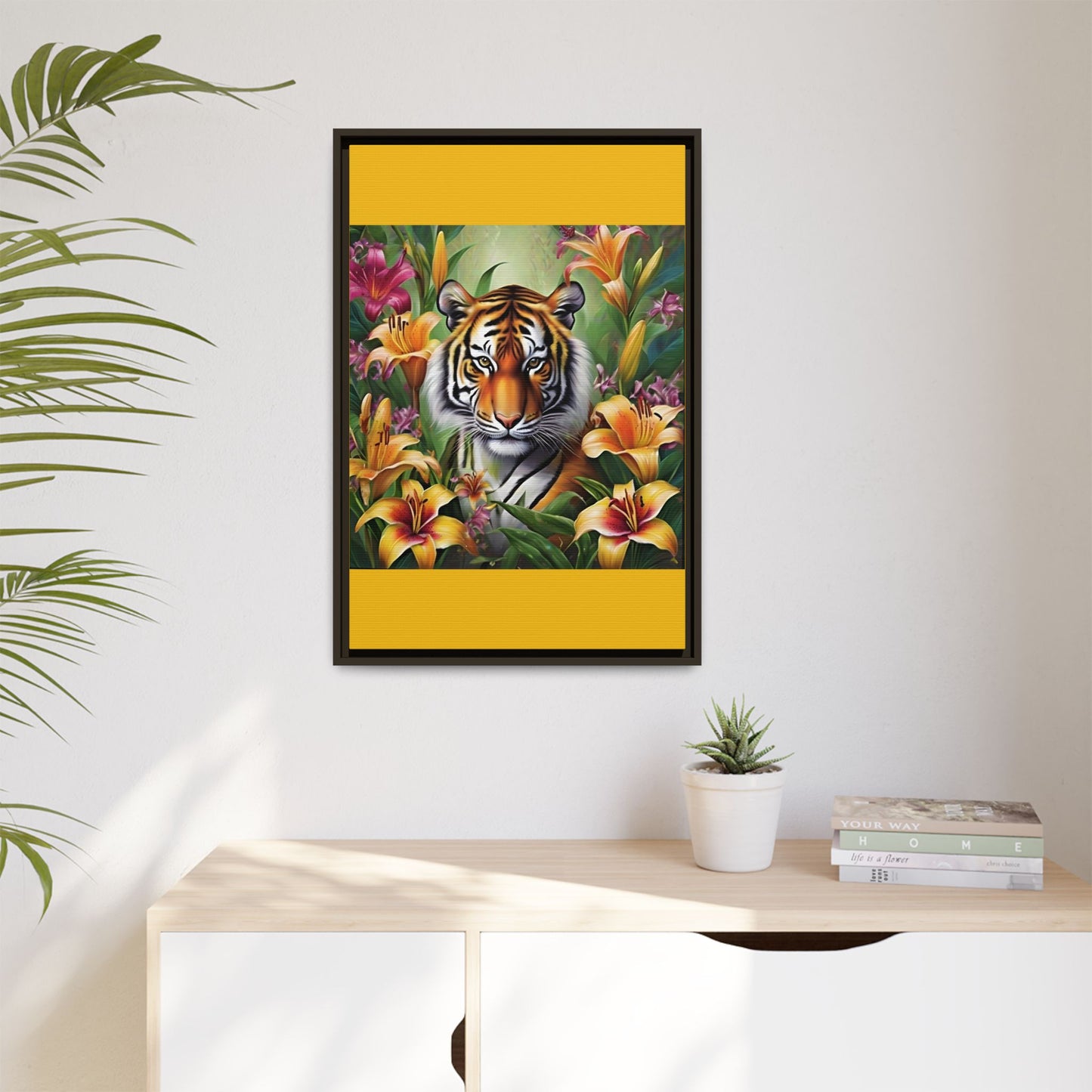 Majestic Tiger Framed Matte Canvas Art - Vibrant Floral Decor